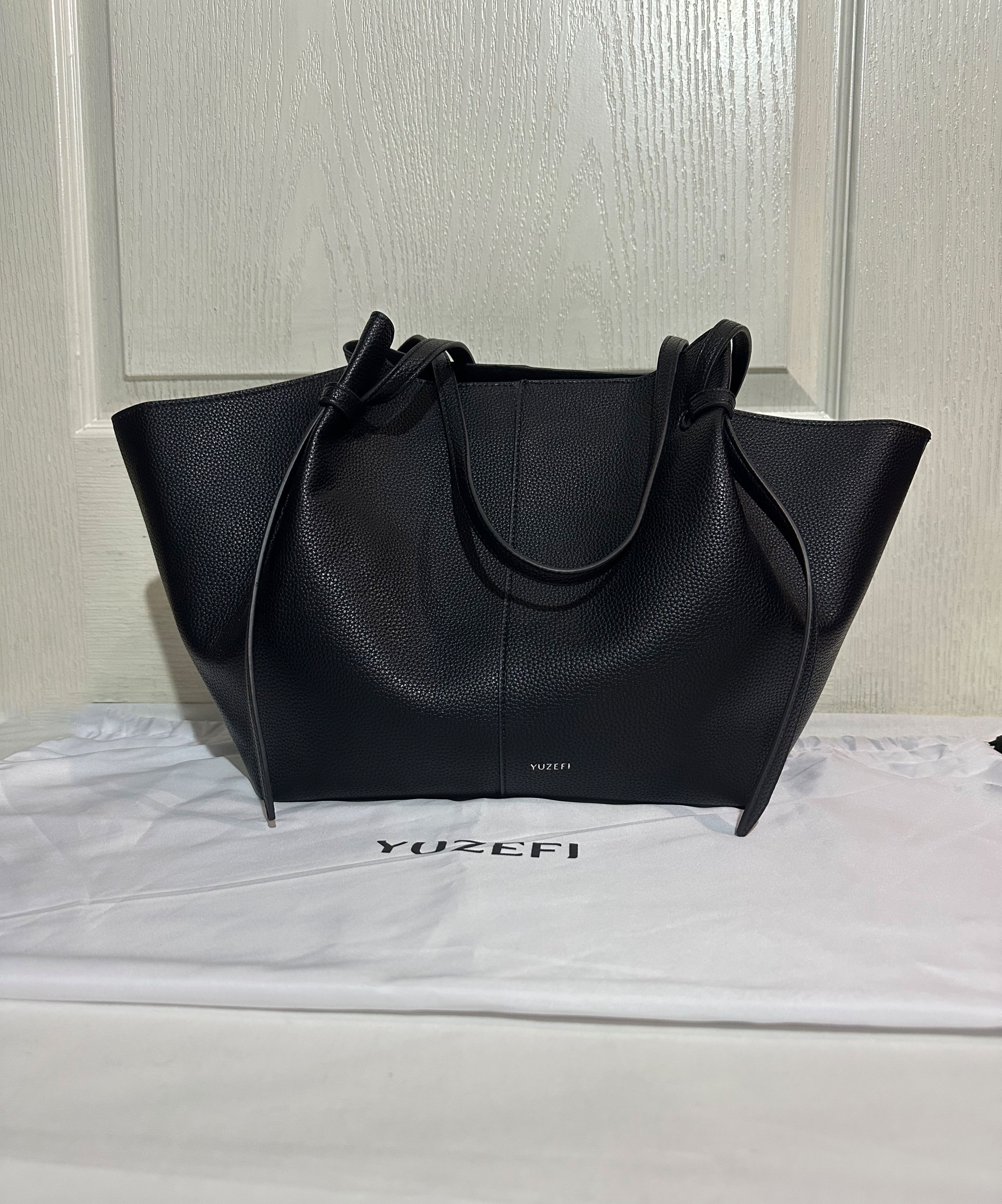 Yuzefi Black Leather Tote Bag Medium Size Designer Modern