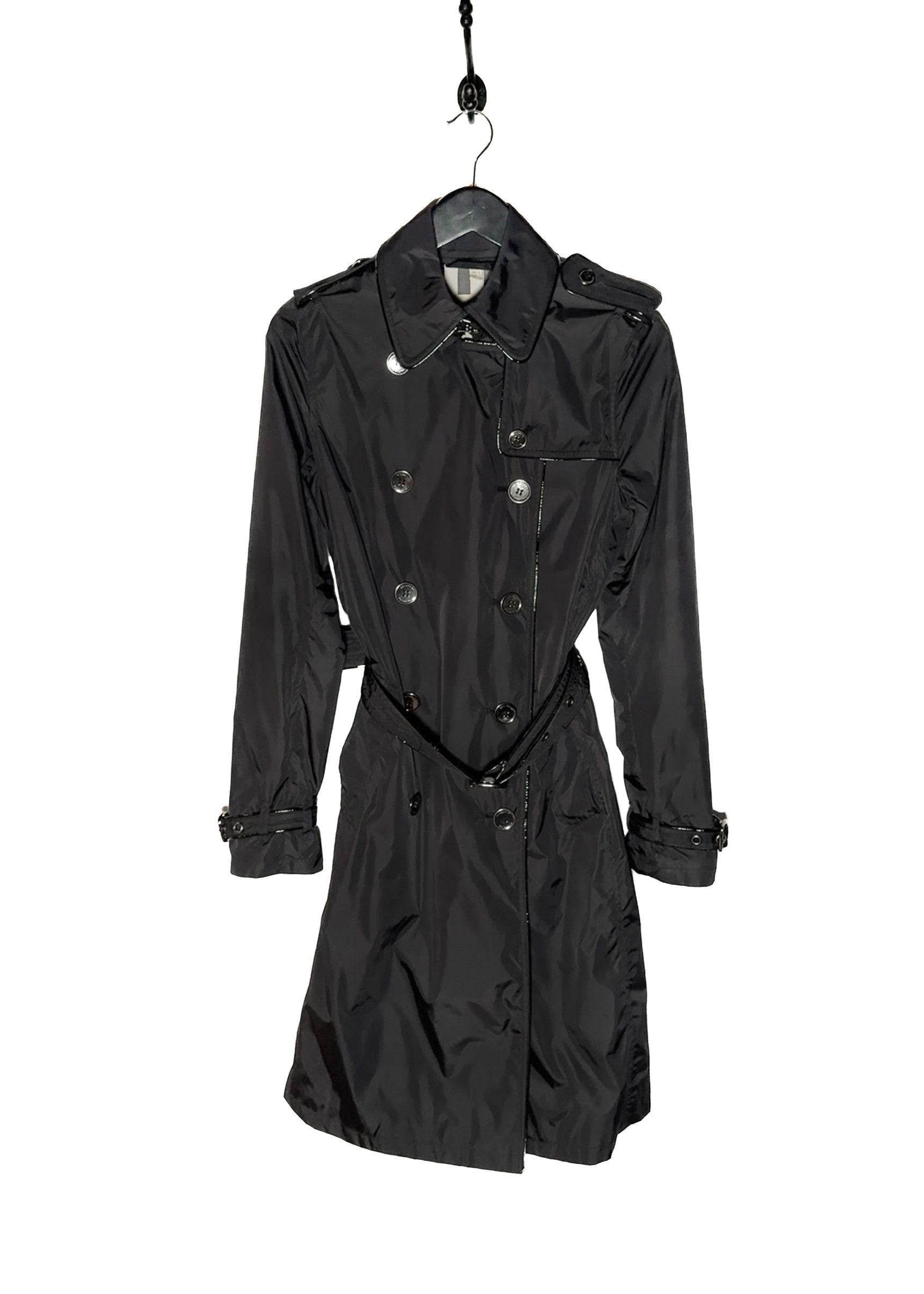 Burberry Black Nylon Patent Piping Trench Coat