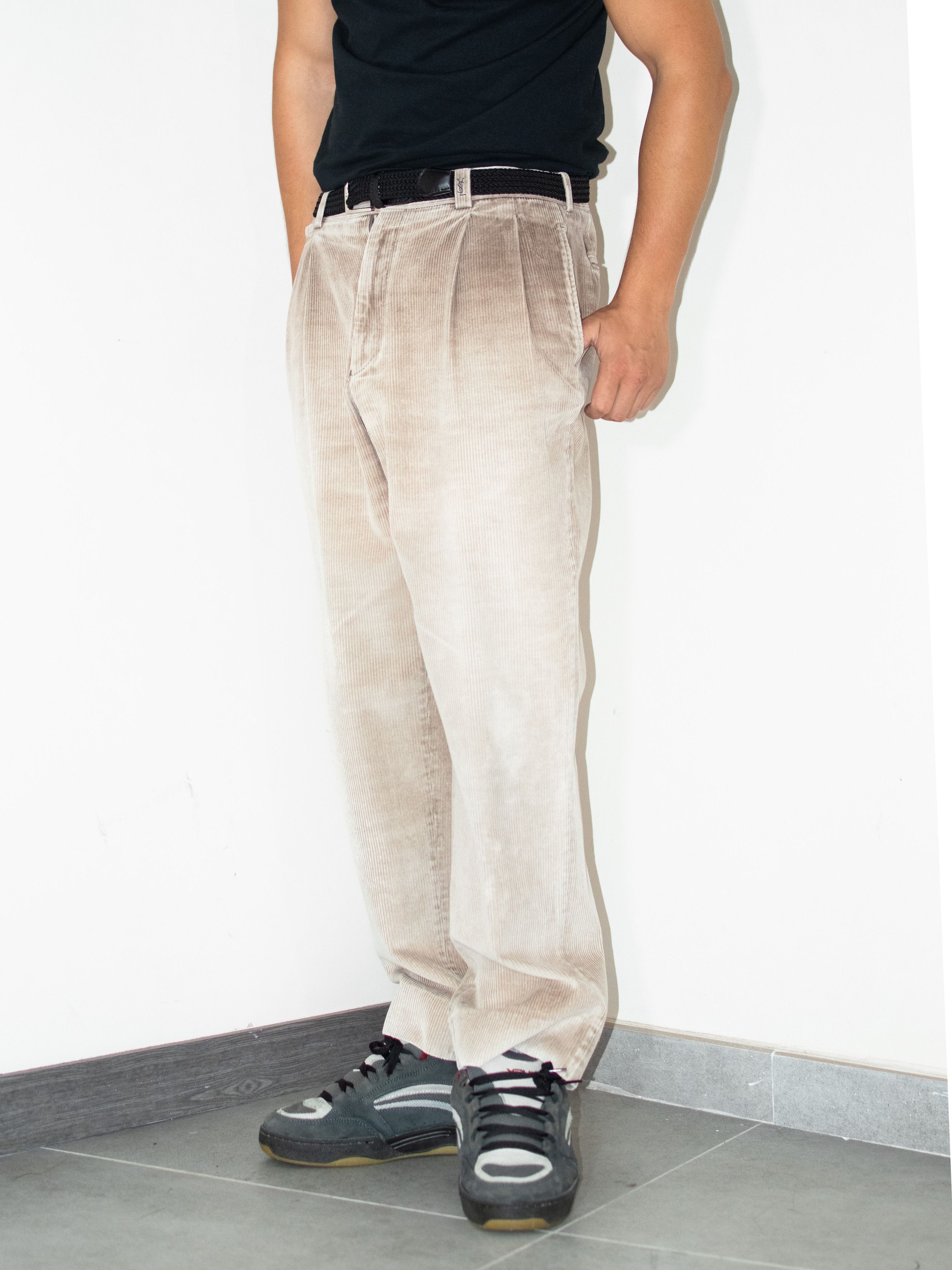 Designer × Vintage × Yves Saint Laurent Luxury 90s YSL Satin beige Wide leg Corduroy chino Trousers Size US 33 - 1 Thumbnail