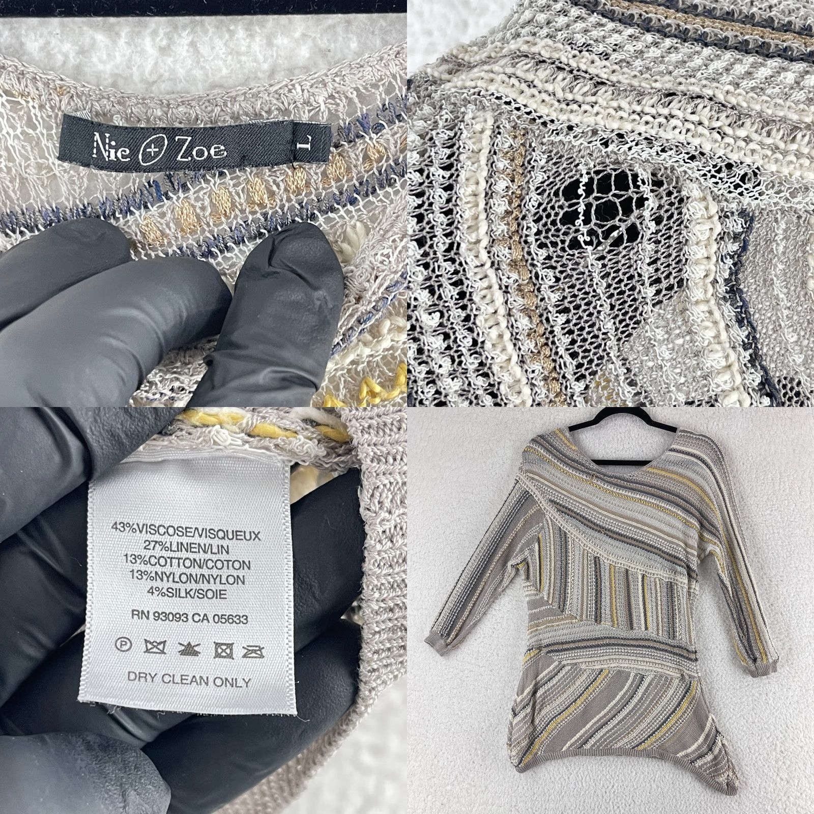 NIC+ZOE Nic + Zoe Shirt Womens Large Beige Stripe Open Knit Pullover 3/4 Sleeve Casual Size L / US 10 / IT 46 - 8 Thumbnail