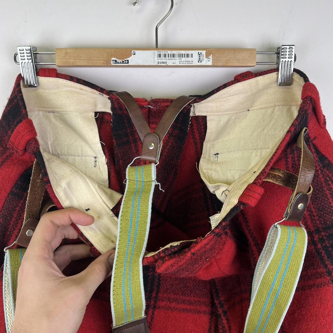 Vintage Vintage Red Black Plaid Wool Trousers with Suspenders 80s Size US 34 / EU 50 - 4 Thumbnail