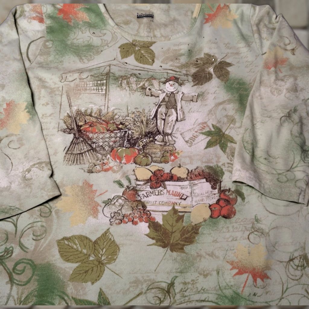 Basic Editions VINTAGE Basic Editions Shirt Women L Green Scarecrow Autumn Leaf Pumpkin Casual 3/4 Sleeve Farm Harvest Size L / US 10 / IT 46 - 1 Thumbnail