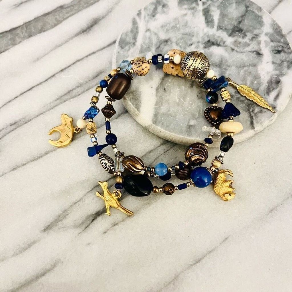Jewelry Double Wrap Gemstone Bracelet Blue Beaded Gold Size ONE SIZE - 1 Thumbnail