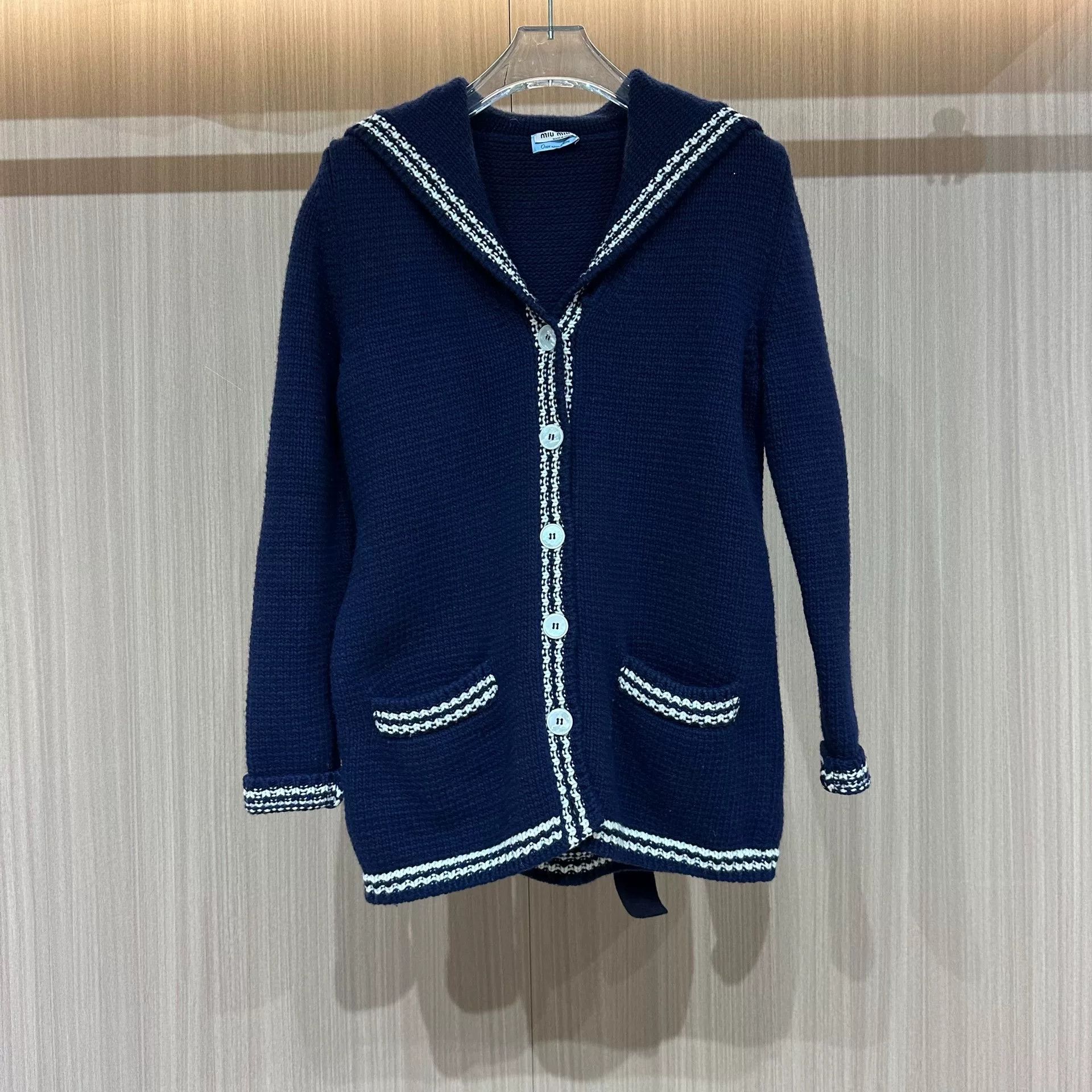 Miu Miu navy blue cardigan with white detailing Size US M / EU 48-50 / 2 - 1 Thumbnail