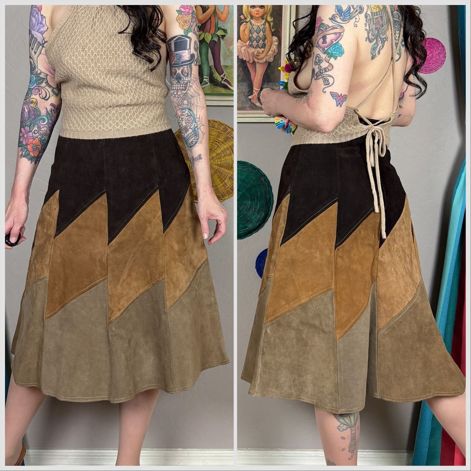 Vintage 1970s Brown Patchwork Suede Leather A-Line Midi Skirt Size 25" / US 0 / IT 36 - 3 Thumbnail