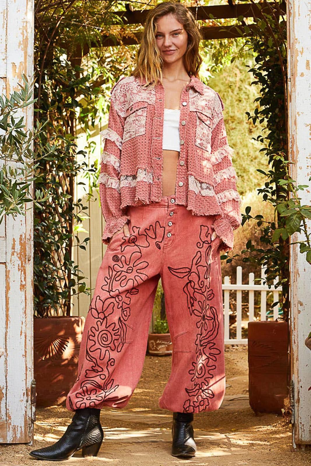 Other Floral Embroidered Pattern Solid Twill Jogger Pants by POL Size 28" / US 6 / IT 42 - 10 Thumbnail
