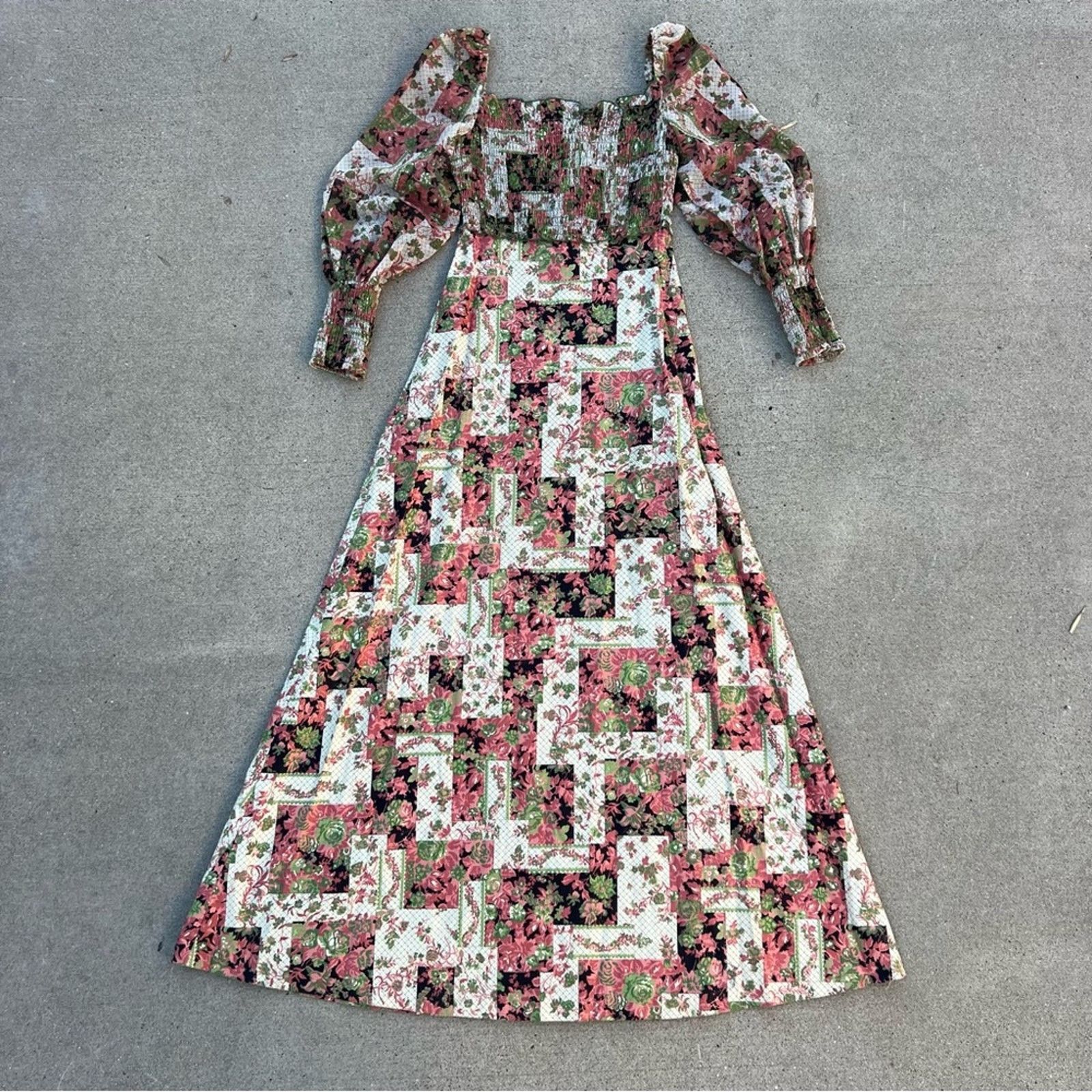 image of Vintage 70's Green Pink Patchwork Floral Garden Party Prairie Dress, Women's (Size XS)