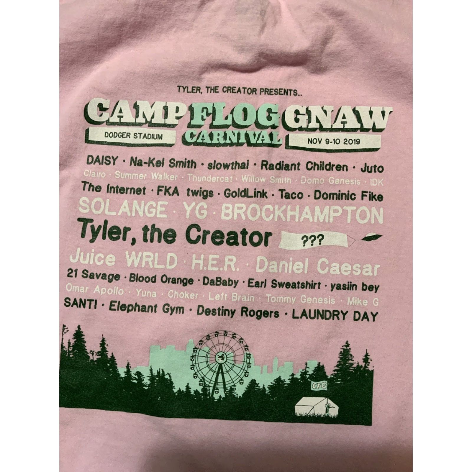 Golf Wang VINTAGE Camp Flog Gnaw Carnival Golf Wang 2019 Concert Lineup Pink Graphic T-Shirt Mens L Size Pink Graphic T-Shirt Concert 2019 Mens L Size US L / EU 52-54 / 3 - 2 Thumbnail