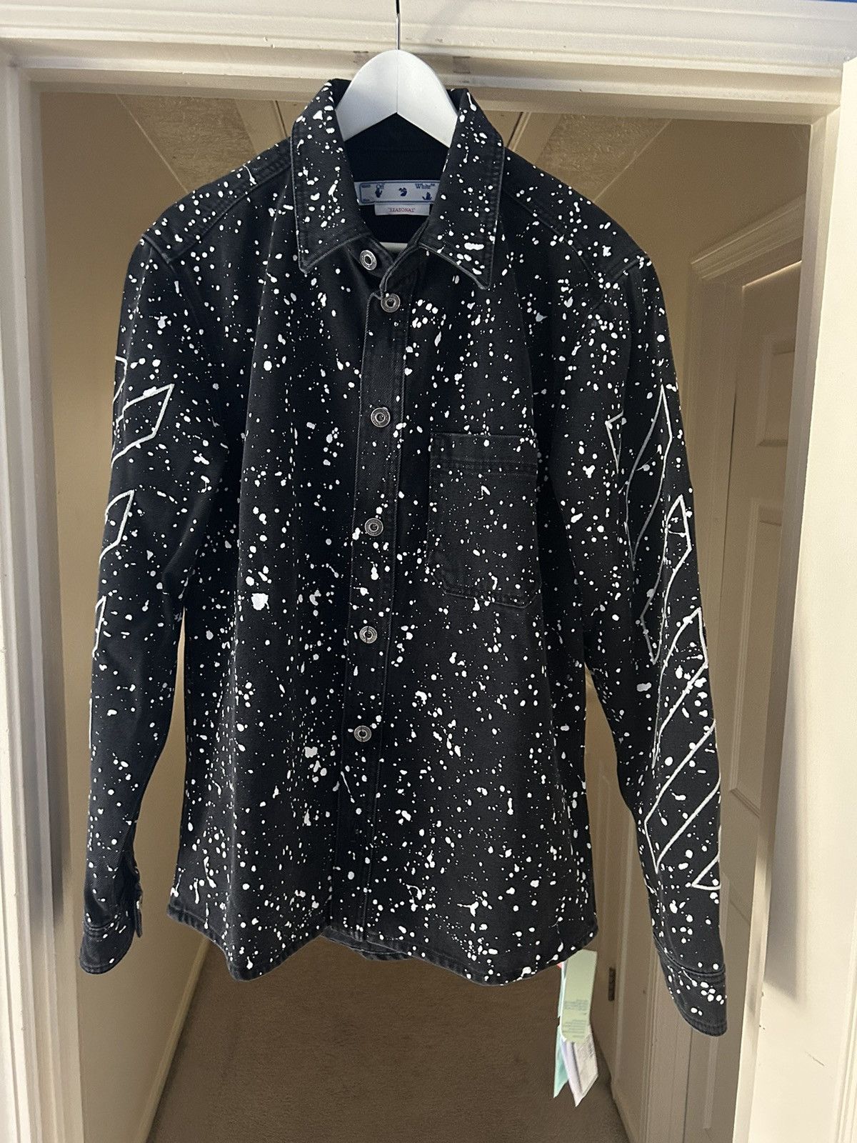 image of Off White Diagonal Paint Splatter Denim Jacket Virgil in Black, Men's (Size Large)