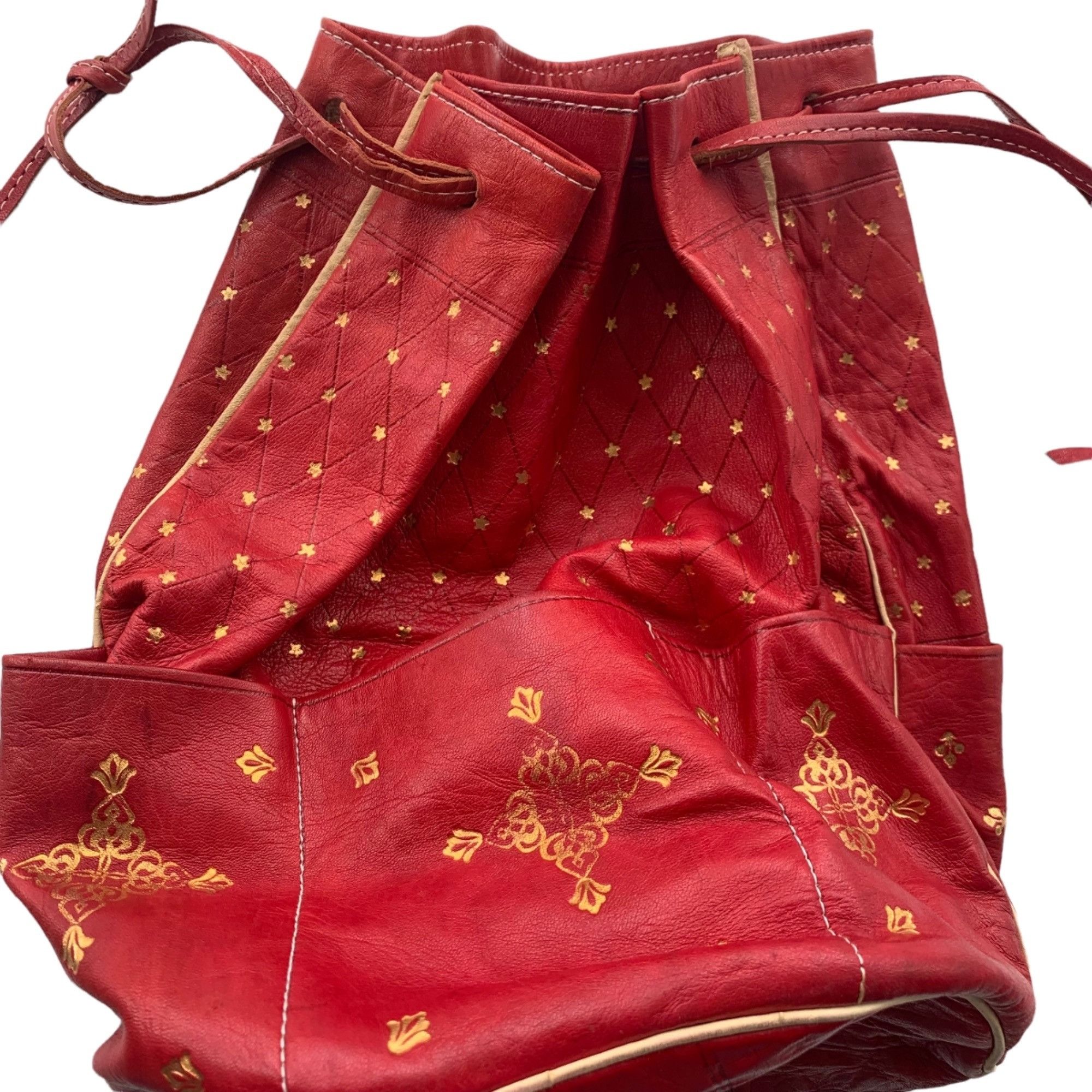 Vintage Vintage Red Leather Gold Foiled Star Print Drawstring Bucket Size ONE SIZE - 3 Thumbnail