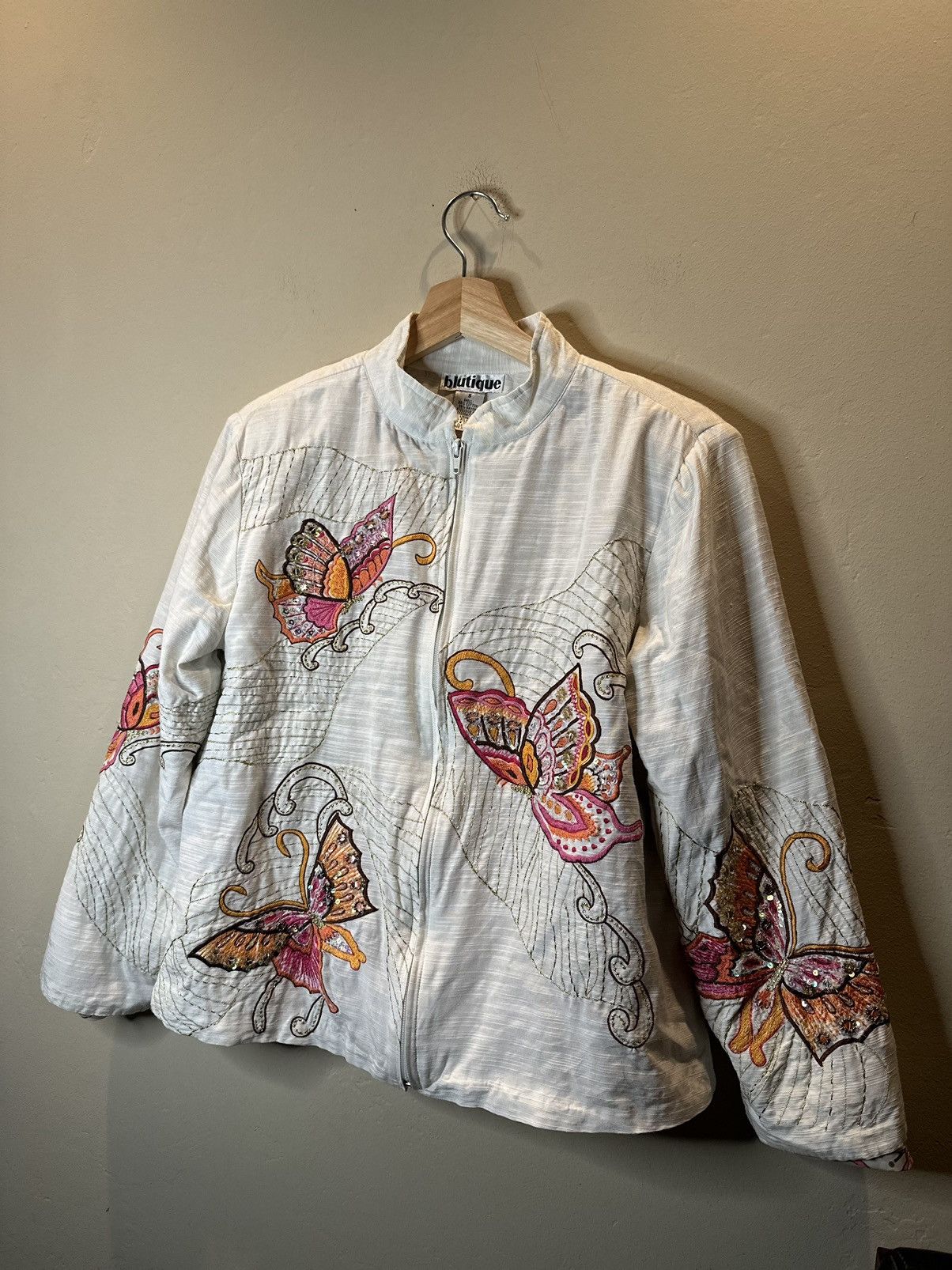 image of Art Blutique Beaded Butterfly Embellished Interior Detail Jacket in Cream/White, Women's (Size Smal