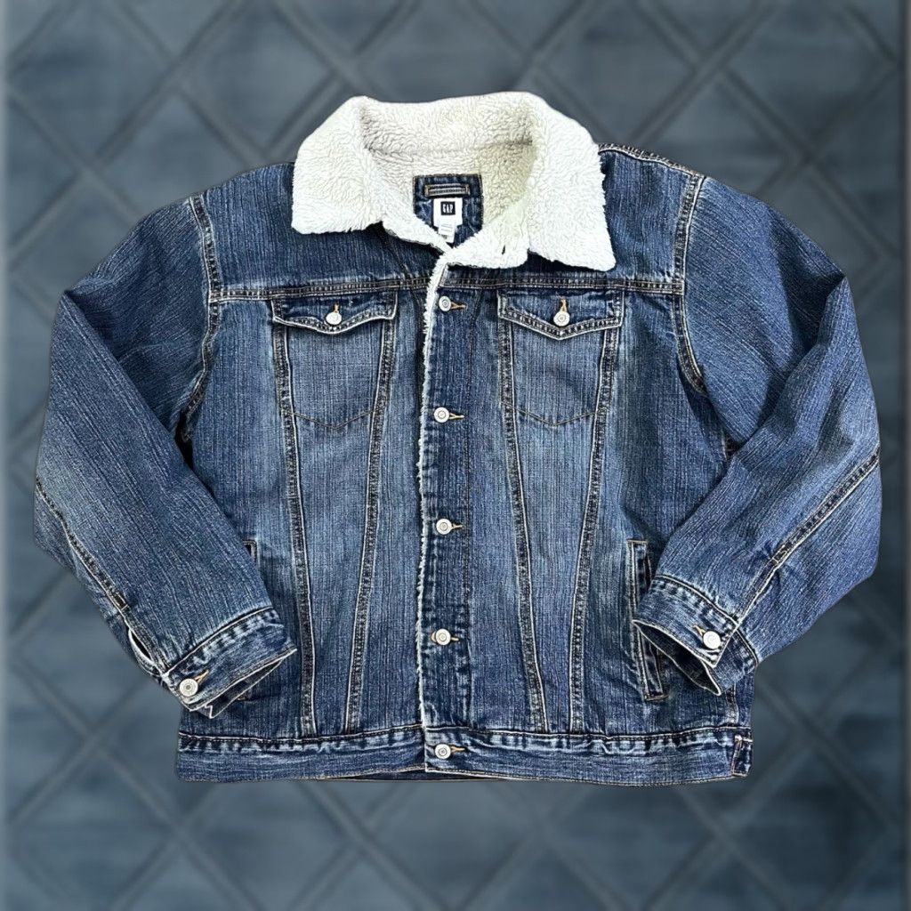 Gap VINTAGE GAP Denim Trucker Jacket XL Blue Sherpa Lined Bomber Jacket Mid-Length Casual Mens | 2000s Y2K Grunge Utility Coat Size US 36 / EU 52 - 1 Thumbnail