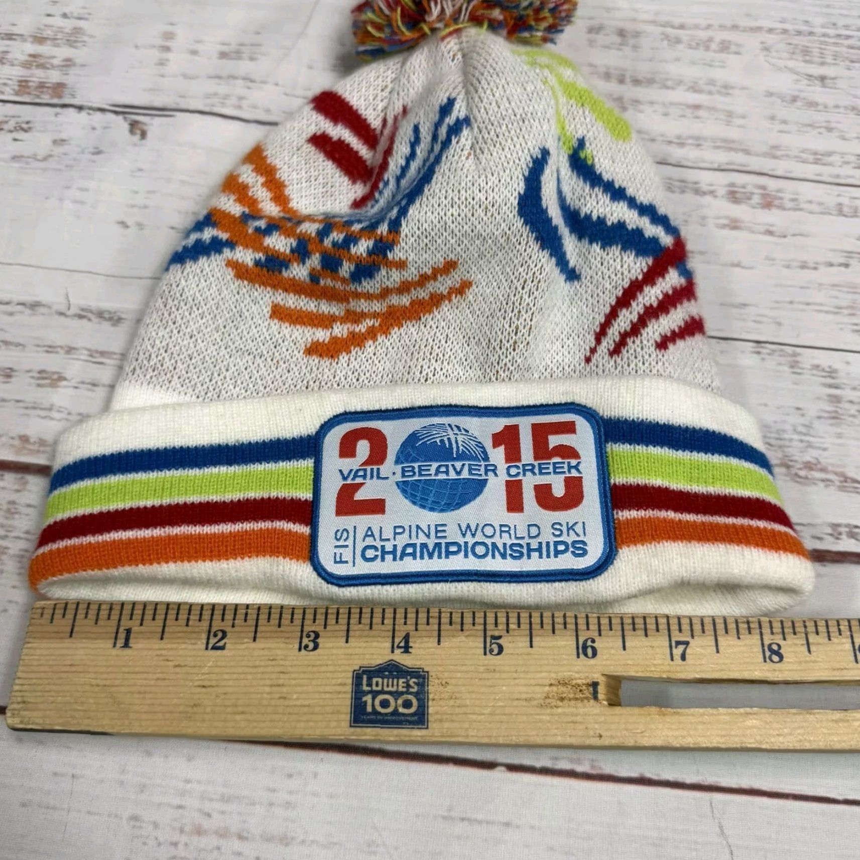 Vintage Vail Beaver Creek 2015 Alpine Ski Knit Hat Beanie White Blue Pom Pom One Size Unisex Adults Knit Striped Cotton Blend Winter Size ONE SIZE - 3 Thumbnail