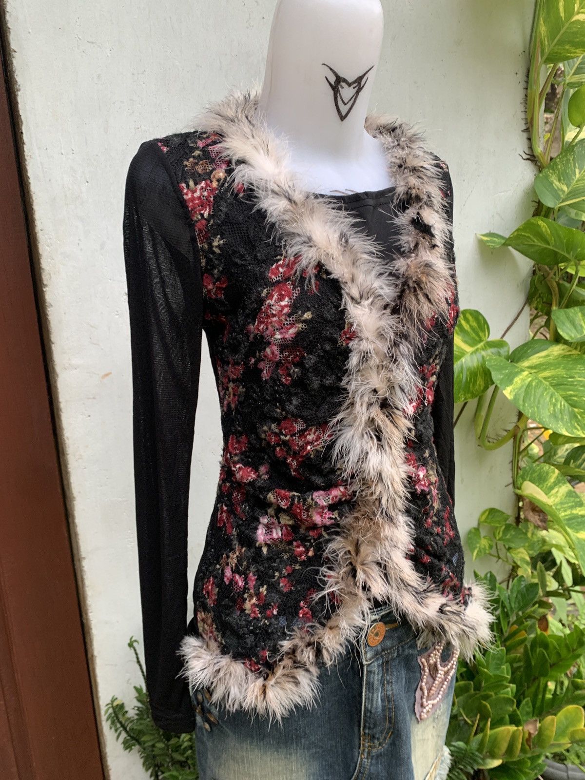 Japanese Brand y2k Unknown Fur Floral Trim Multicolor Longsleeve Mesh Top Size S / US 4 / IT 40 - 2 Thumbnail