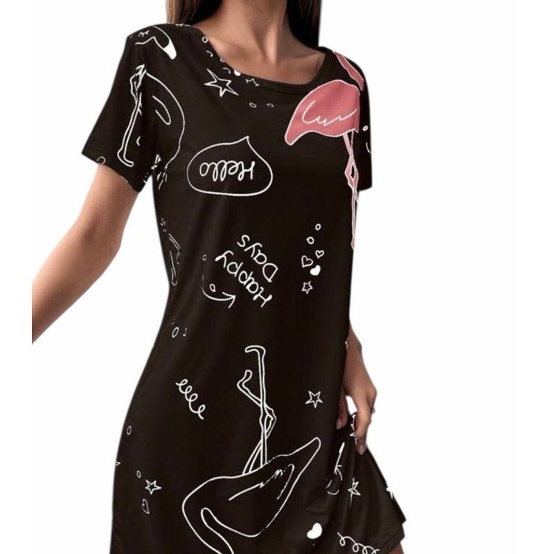 Shein Black Pink Flamingo Letter Print Short Sleeve Nightgown Size ONE SIZE - 4 Thumbnail