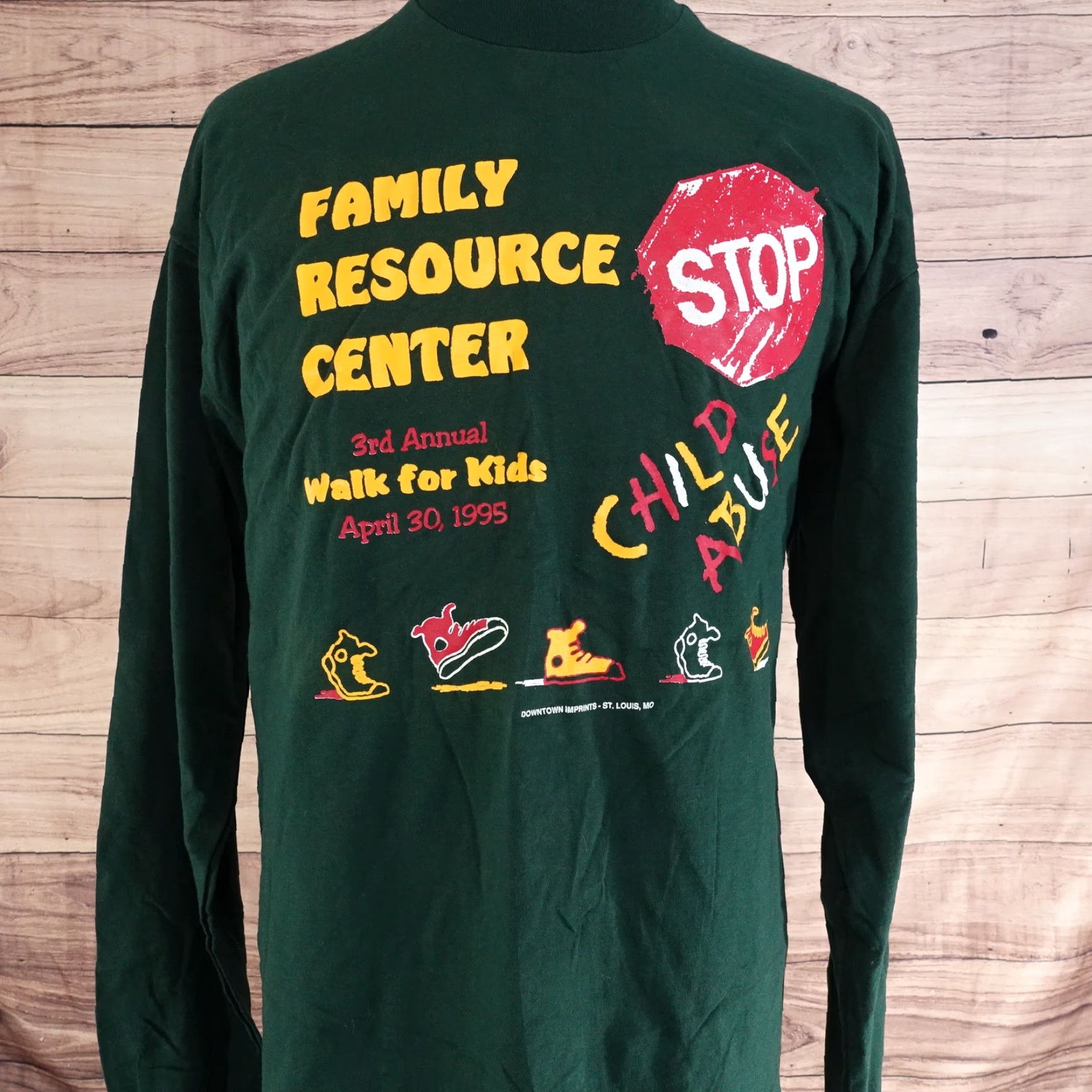 Fruit Of The Loom VINTAGE FRUIT OF THE LOOM FAMILY RESOURCE CENTER '95 STOP CHILD ABUSE T-SHIRT 2XL GREEN SINGLE STITCH UNISEX Size US XXL / EU 58 / 5 - 3 Thumbnail