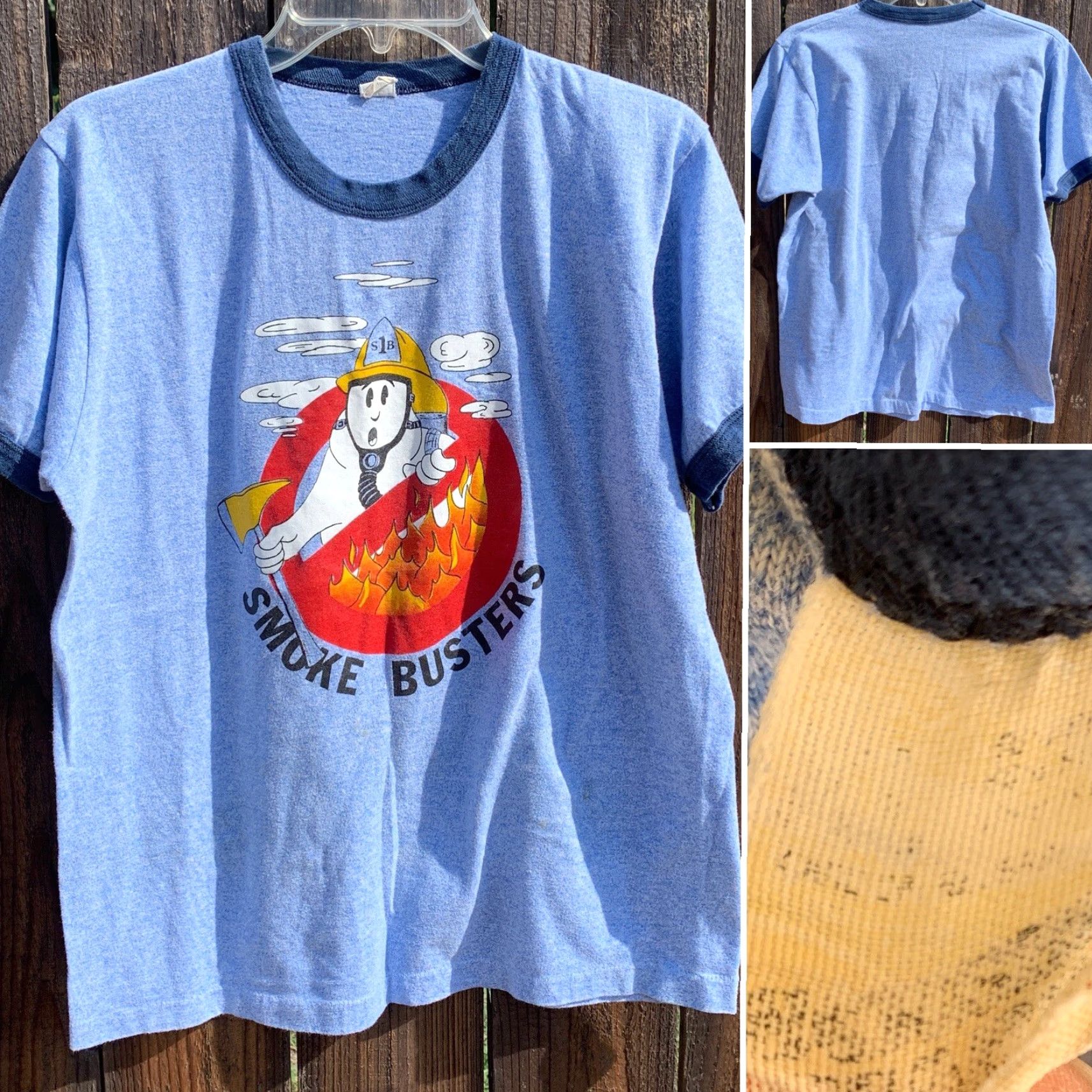 Vintage VINTAGE Smoke Busters Ringer Tee 80s T Shirt Ghost In Fire Fighter Hat Fireman M Blue Men Graphic Tee 1980s Size US M / EU 48-50 / 2 - 5 Thumbnail