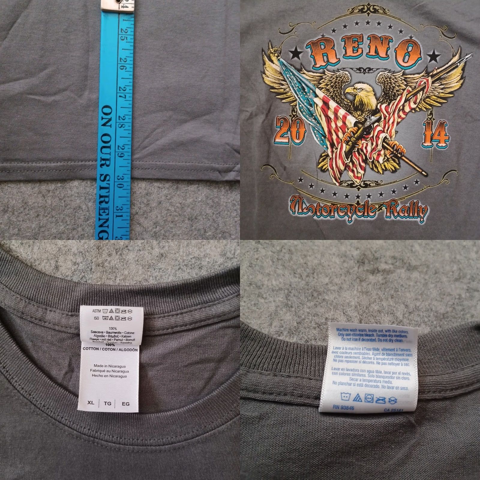 Gildan Reno Motorcycle Rally Mens Shirt XL Gray Two Side Graphic Eagle Flag Logo 2014 Size US XL / EU 56 / 4 - 8 Thumbnail