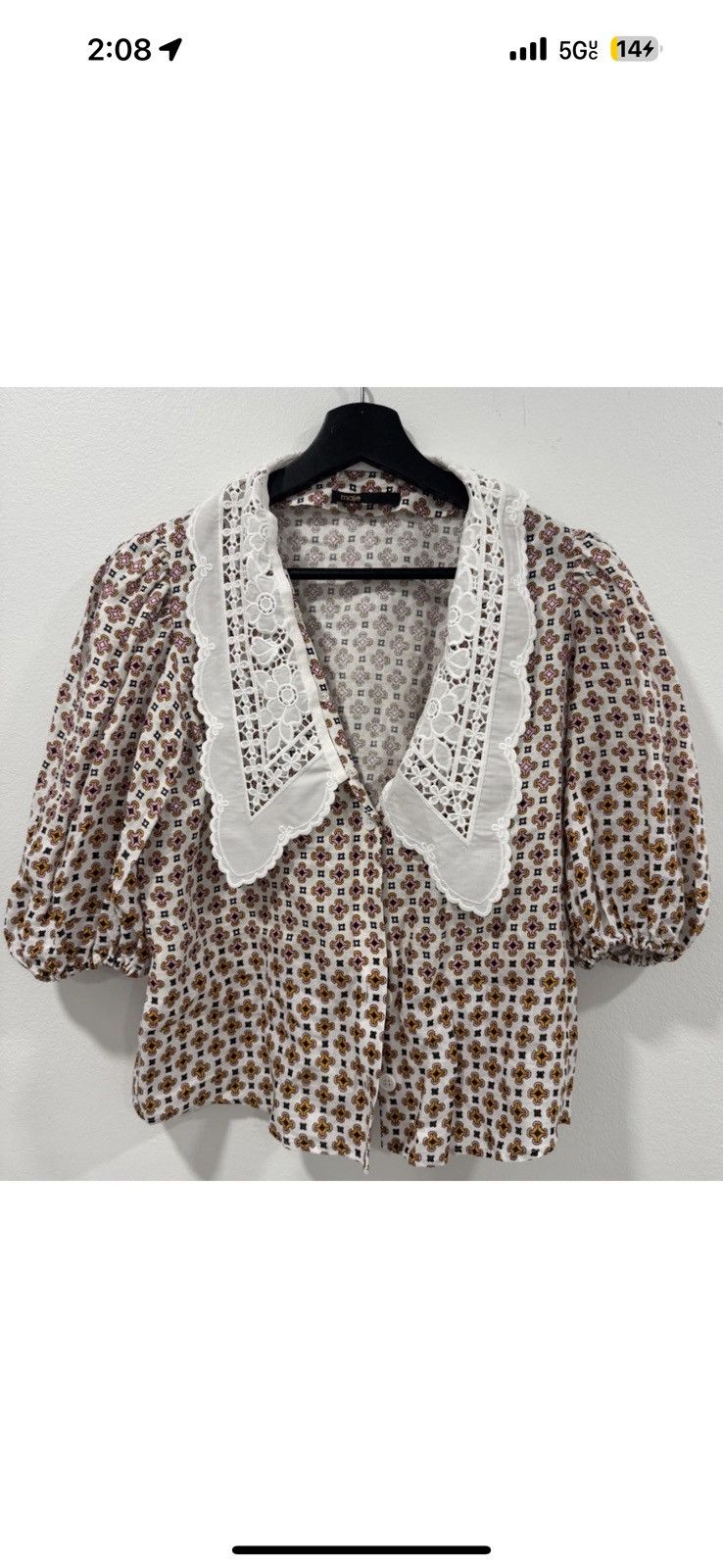 MAJE Cosange Embroidered Collar Printed Linen Shirt size 2