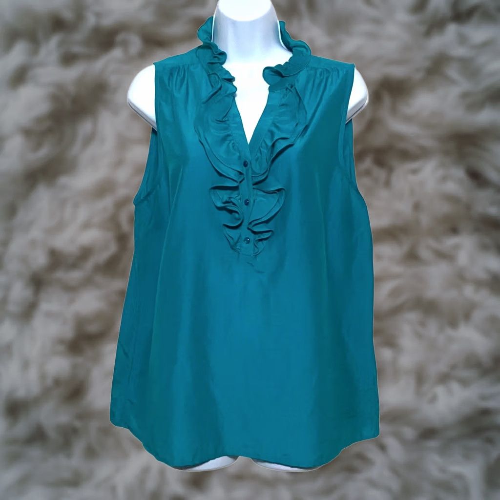 Loft VINTAGE Loft Blue Sleeveless Top Blouse L Ruffles Cotton Silk Classic Chic Career Office Size L / US 10 / IT 46 - 1 Thumbnail
