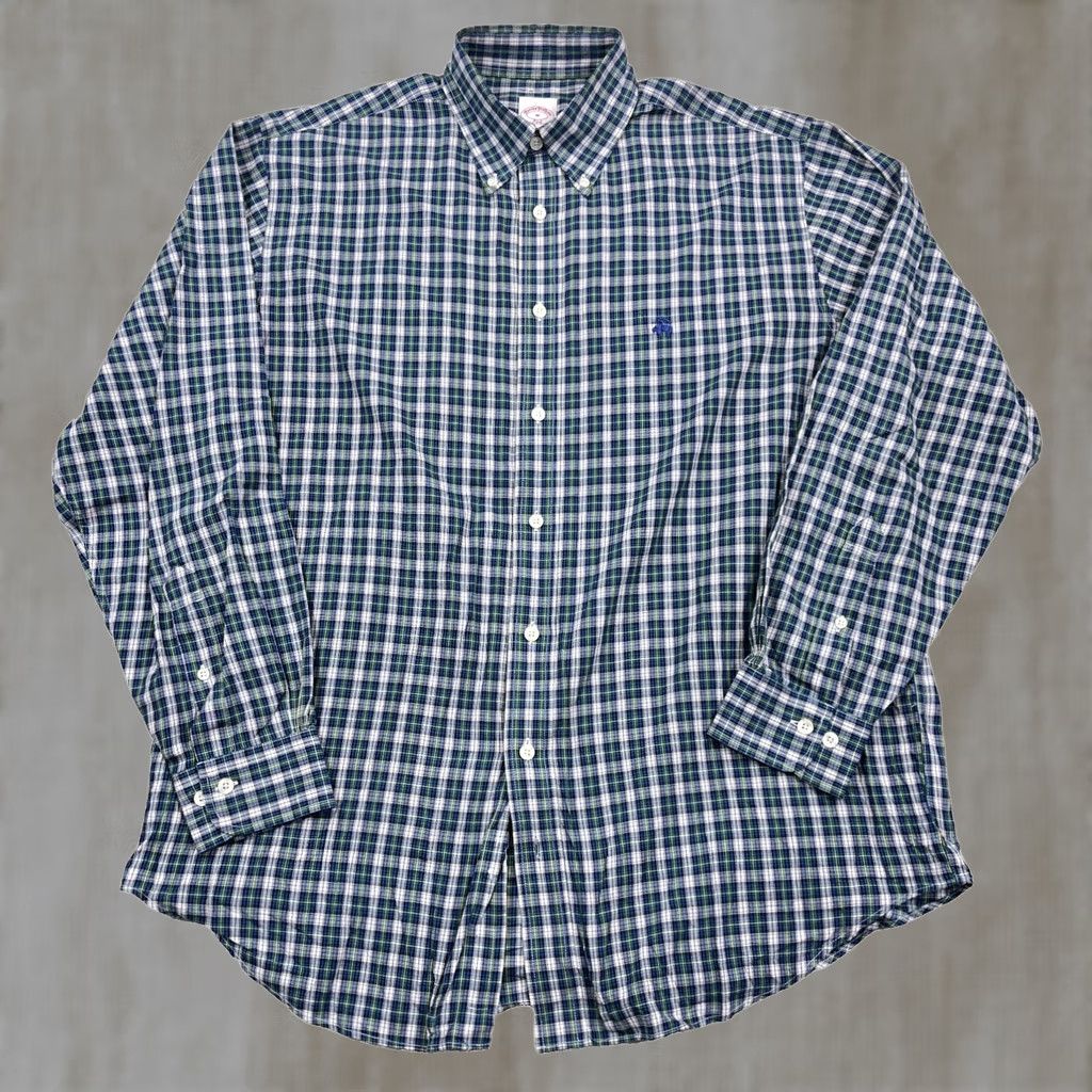 Brooks Brothers Brooks Brothers Shirt Men Medium Green Blue Plaid Button Up Poplin Dress Sheep Size 40R - 1 Thumbnail
