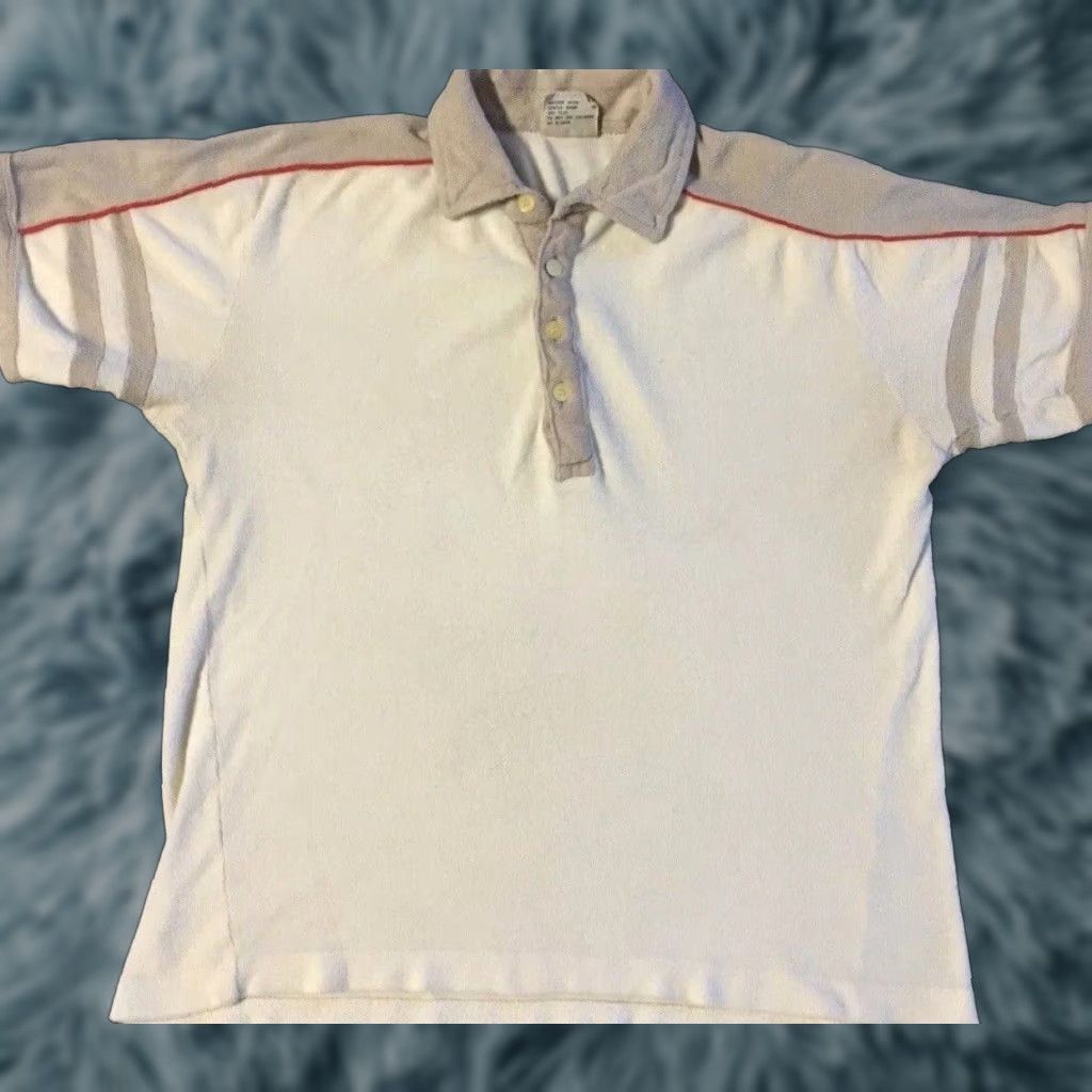 Vintage Vtg 70s Terry Cloth Faded Striped Polo Shirt XS Grunge Vaporwave Surf Skate Beach Single Stitch Rugby Men Short Sleeve White Size US XS / EU 42 / 0 - 1 Thumbnail