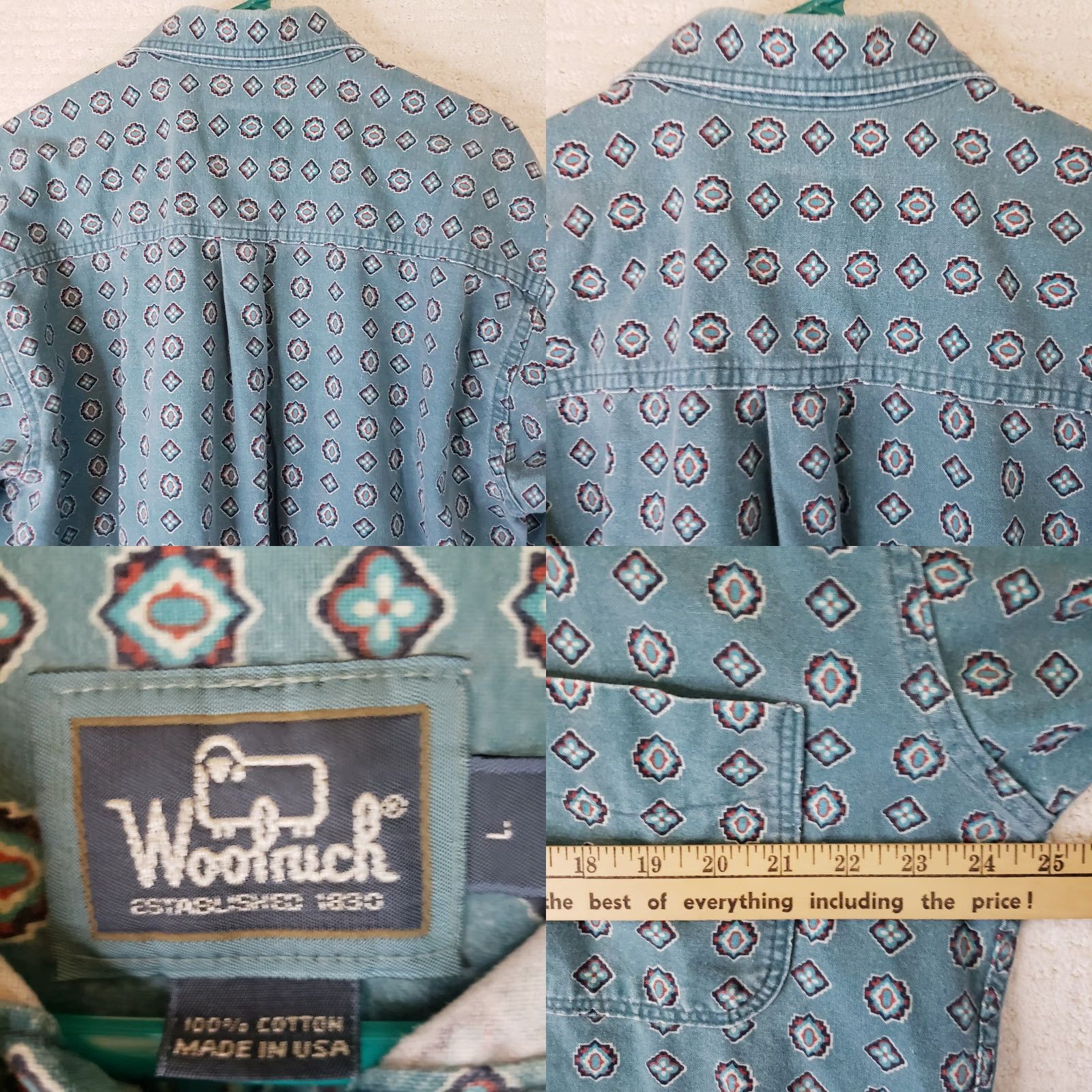 Vintage Woolrich Shirt L Turquoise Geometric Button-Up Long Sleeve Collared USA Mens Size US L / EU 52-54 / 3 - 9 Thumbnail