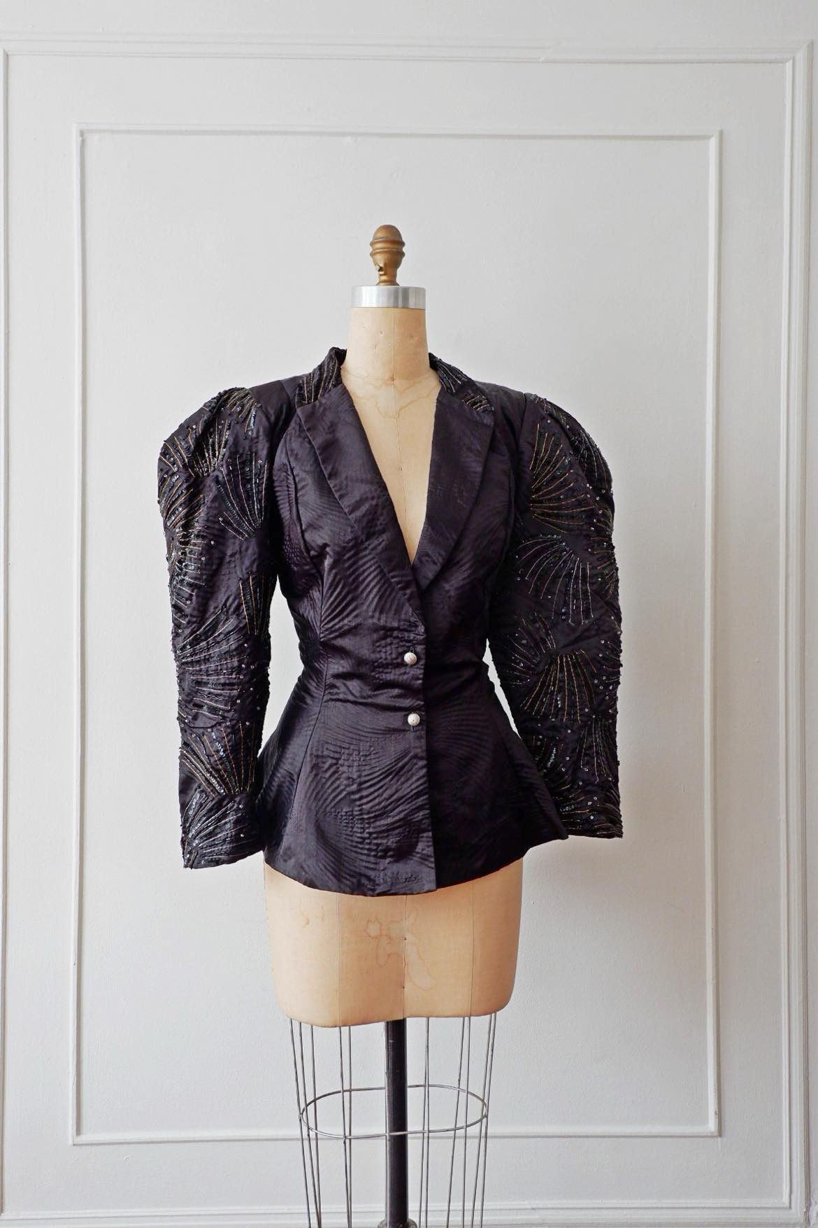 image of Vintage Christina Stambolian 80's Puff Sleeve Beaded Peplum Jacket in Black, Women's (Size Small)