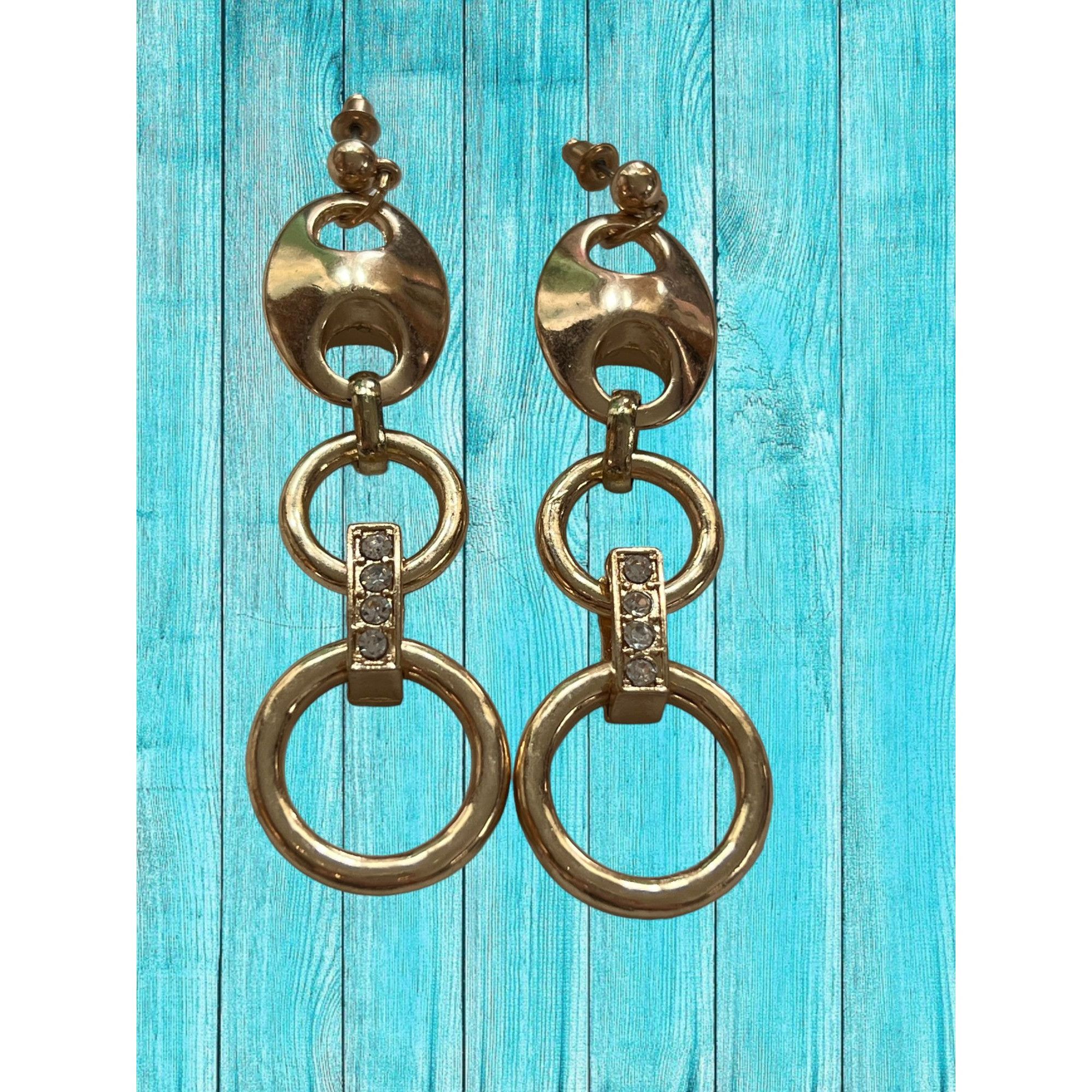 Other Gold Tone Link Dangle Earrings Crystals Pierced 3" long Grad Size ONE SIZE - 1 Thumbnail