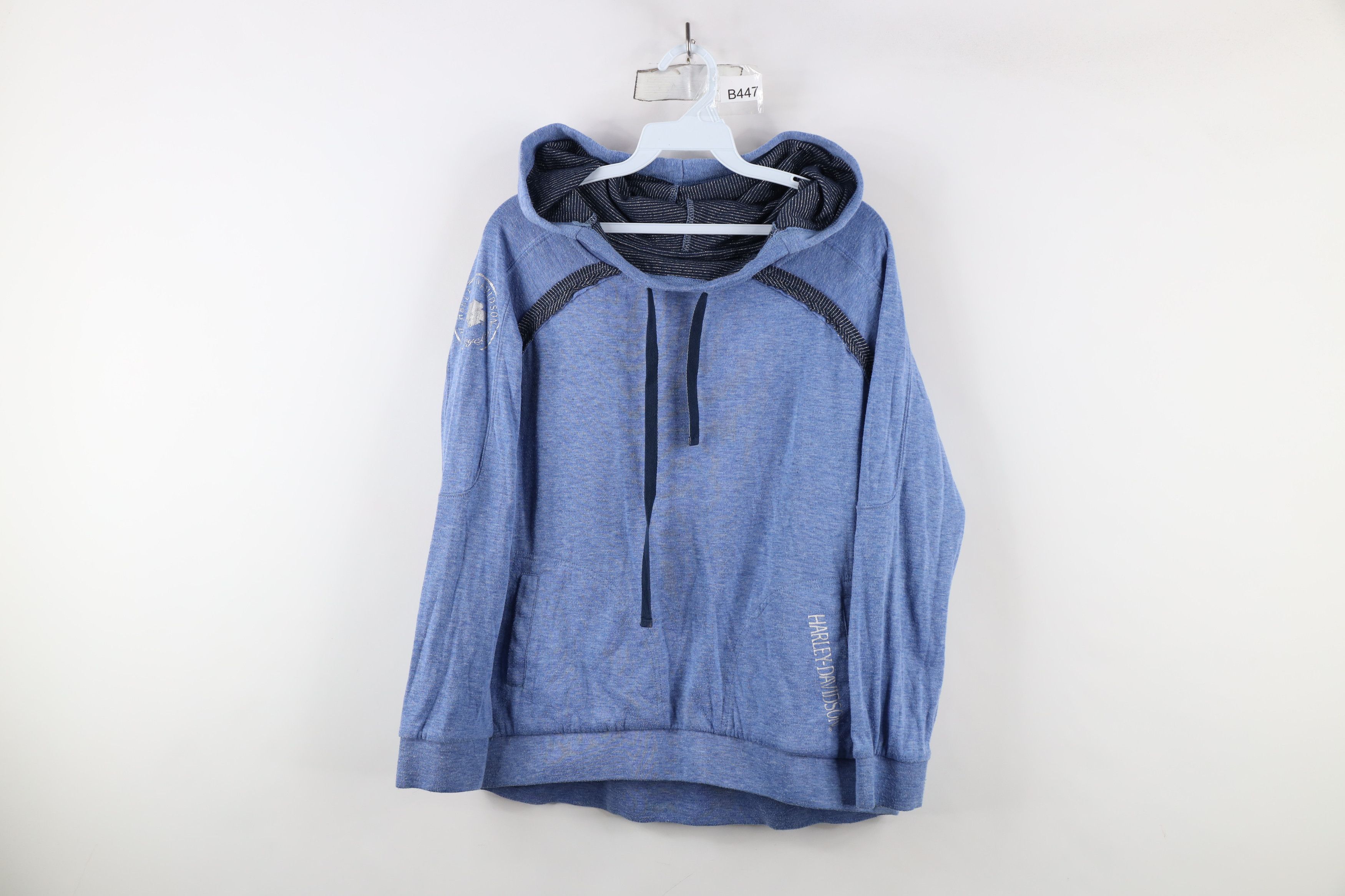 Harley Davidson × Vintage Vintage Y2K Harley Davidson Metallic Jersey Knit Hoodie Blue Size M / US 6-8 / IT 42-44 - 1 Thumbnail
