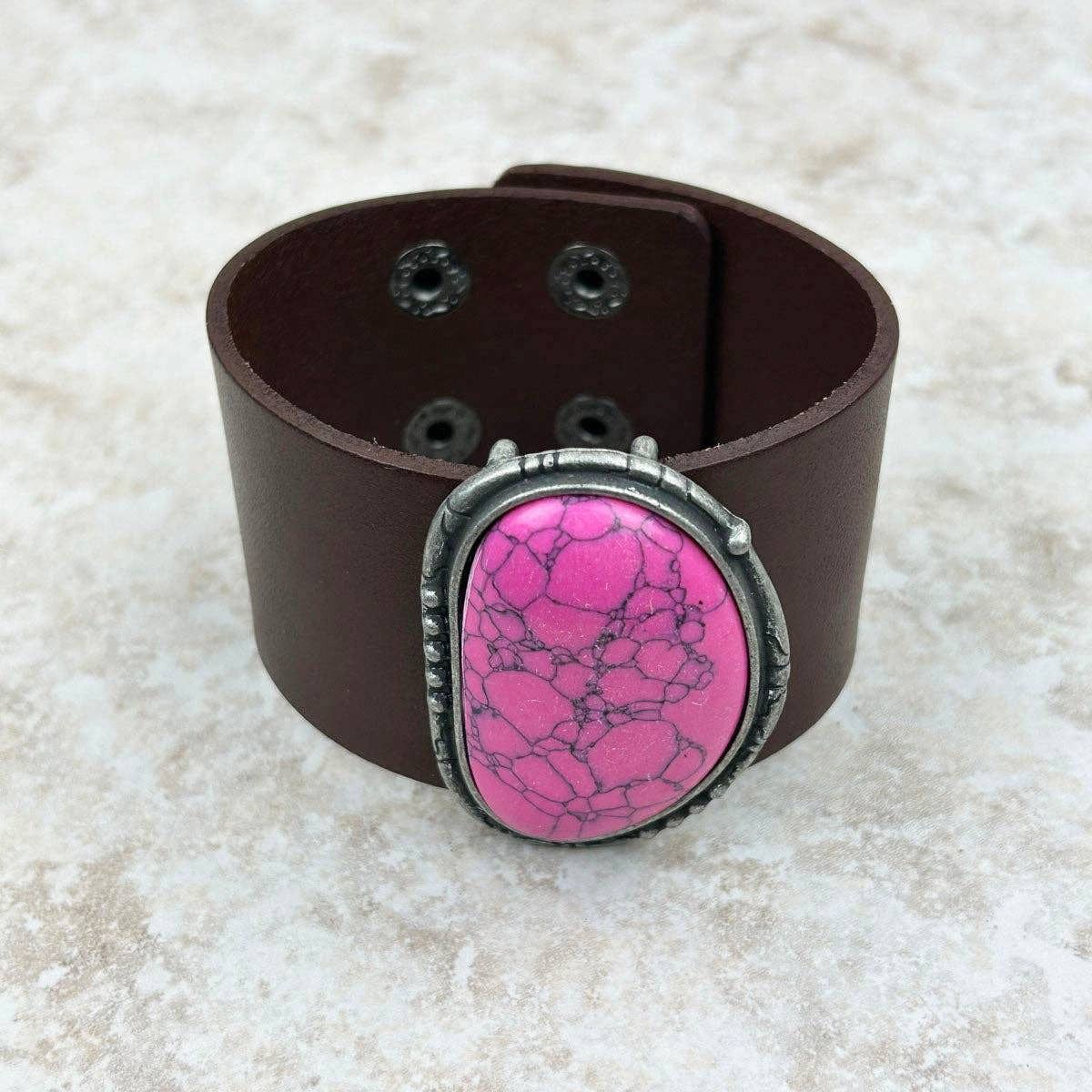 Other Hot Pink Stone and Dark Brown Leather Cuff Bracelet Size ONE SIZE - 2 Thumbnail