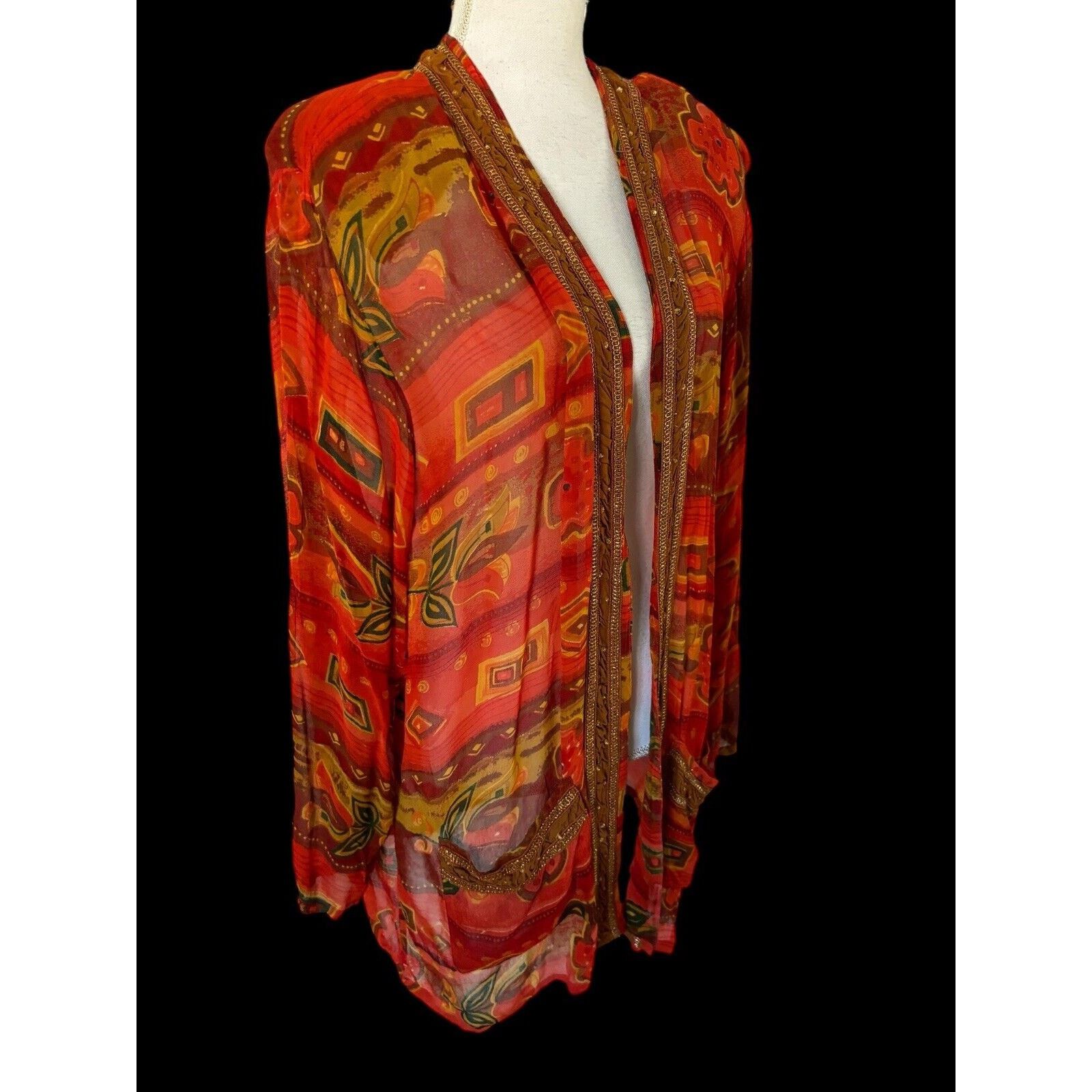 Other Tan-Chho Orange Red Yellow Duster Jacket Kimono Rayon Sz 1X Size XL / US 12-14 / IT 48-50 - 6 Thumbnail