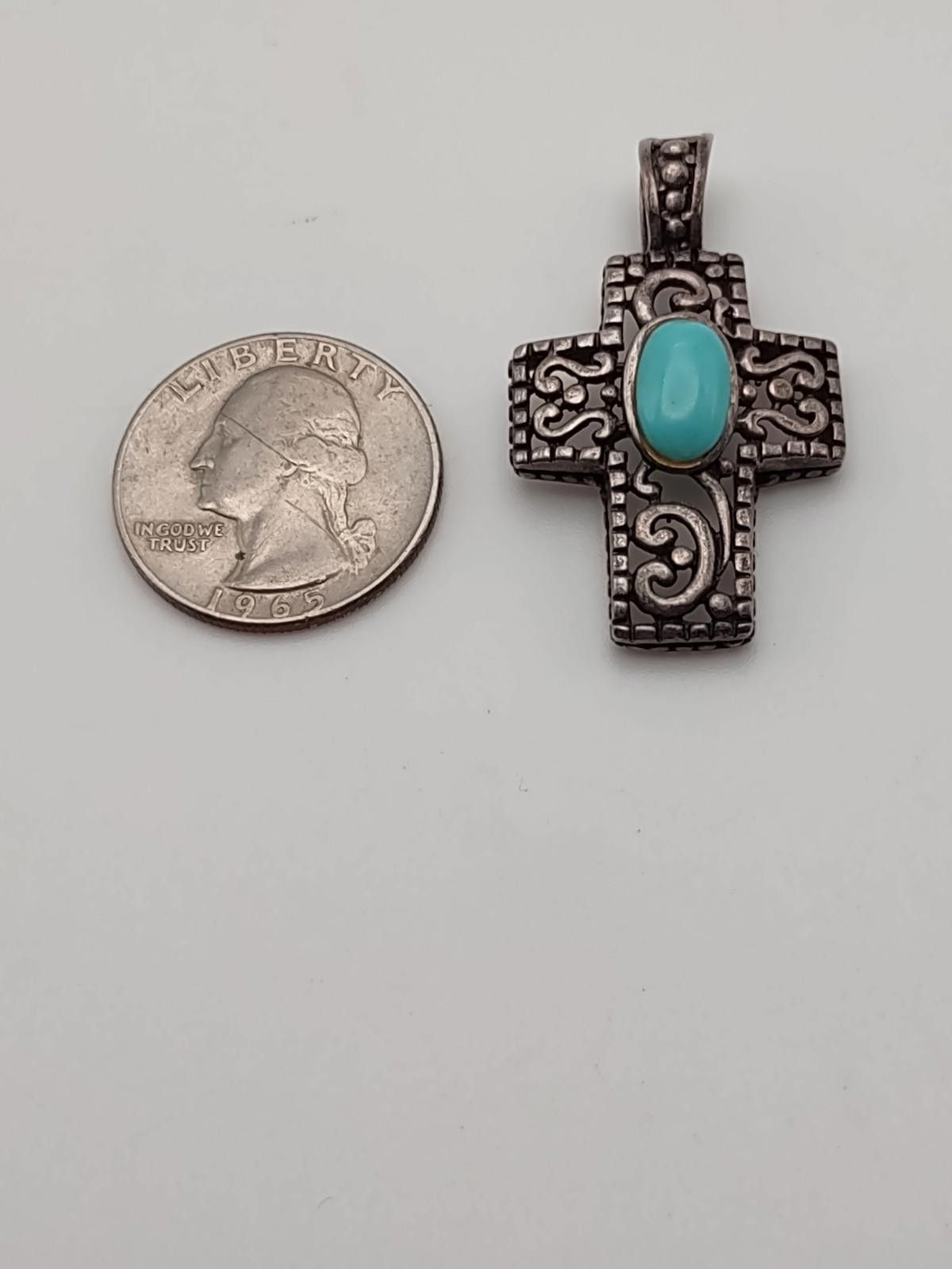 The Unbranded Brand Sterling Silver Turquoise Cross Pendant Sw Artisan Filigree Size ONE SIZE - 4 Thumbnail
