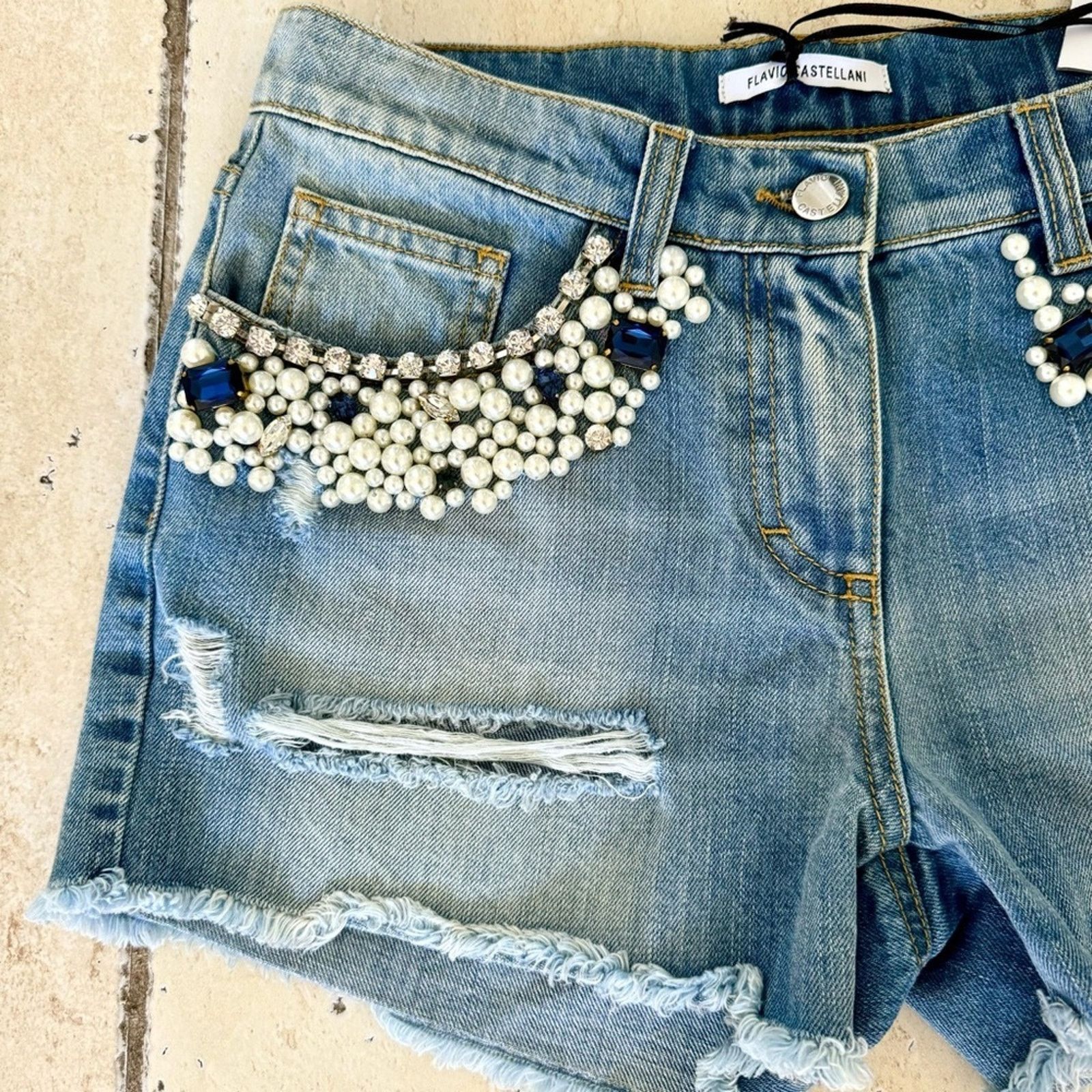 Other New! Flavio Castellani Jeans Shorts, Size 40 Crystals/Pearls Size 27" / US 4 / IT 40 - 2 Thumbnail