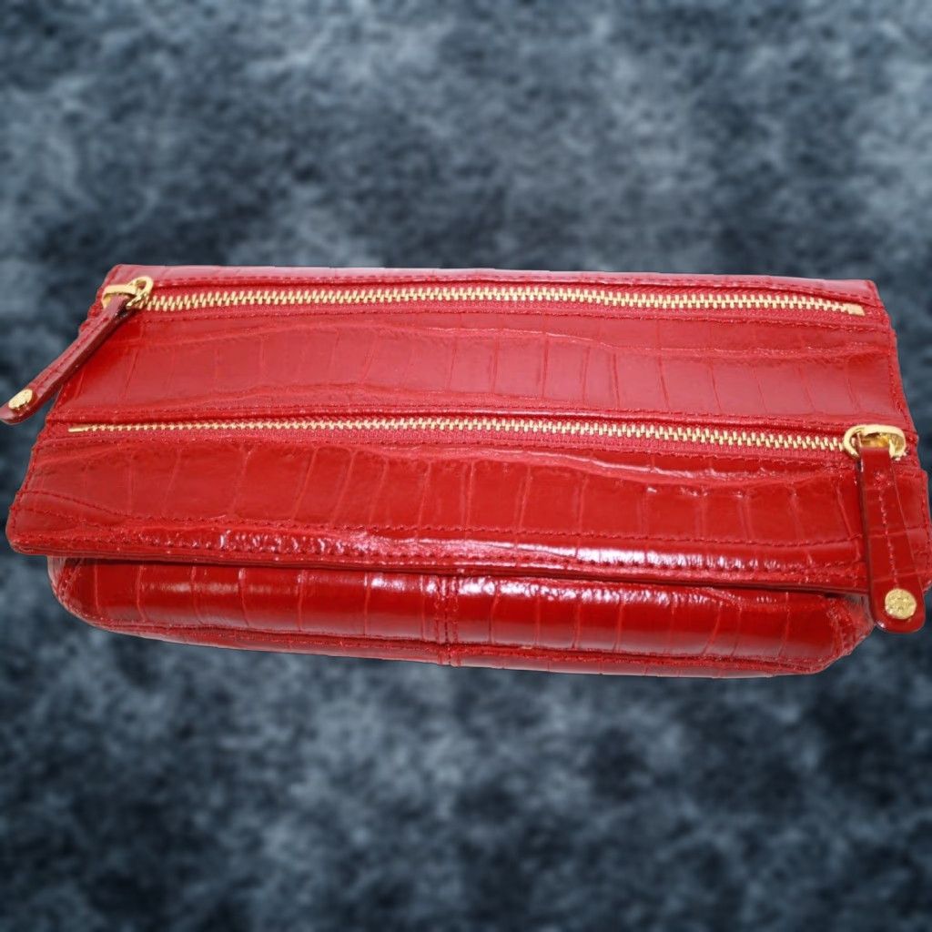 MZ Wallace MZ Wallace Eve Red Leather Crocodile Look Clutch Handbag Purse 10"x5" Zip Size ONE SIZE - 1 Thumbnail
