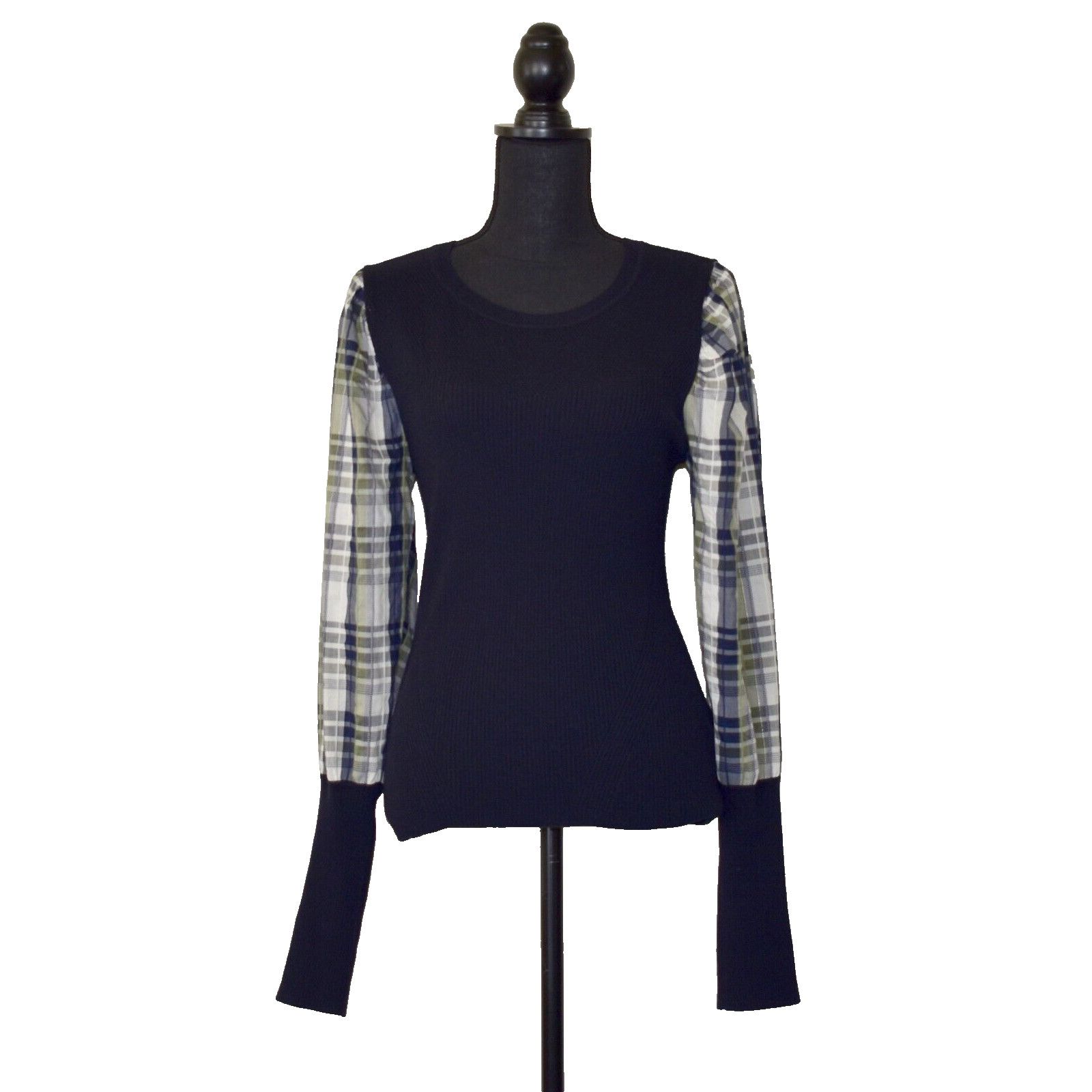 VERONICA BEARD Leila Navy Merino Wool Plaid Crew Neck Top M
