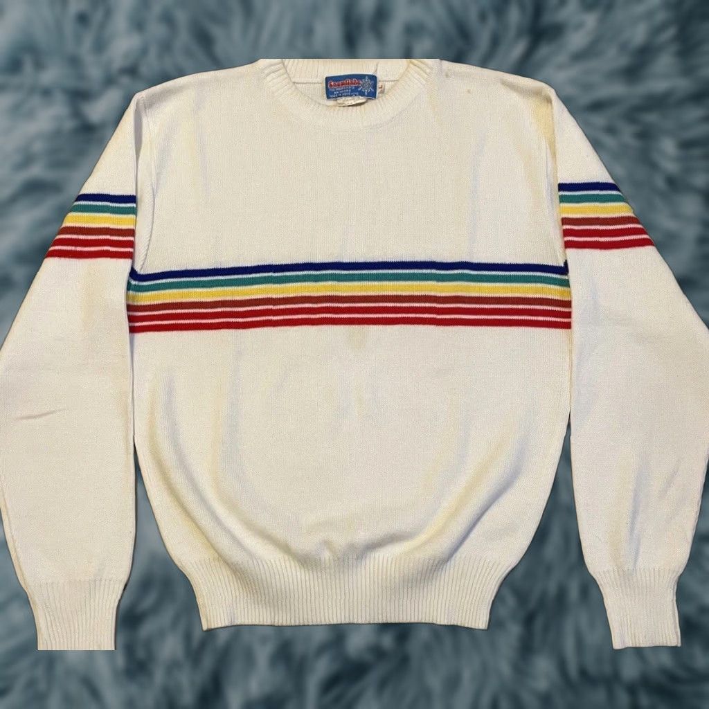Rainbow VINTAGE Rainbow Striped Knit Sweater Womens L 70s 80s White Acrylic Ocean Pacific Hawaii Surf Beach OP AOP Wool Pullover Size L / US 10 / IT 46 - 1 Thumbnail