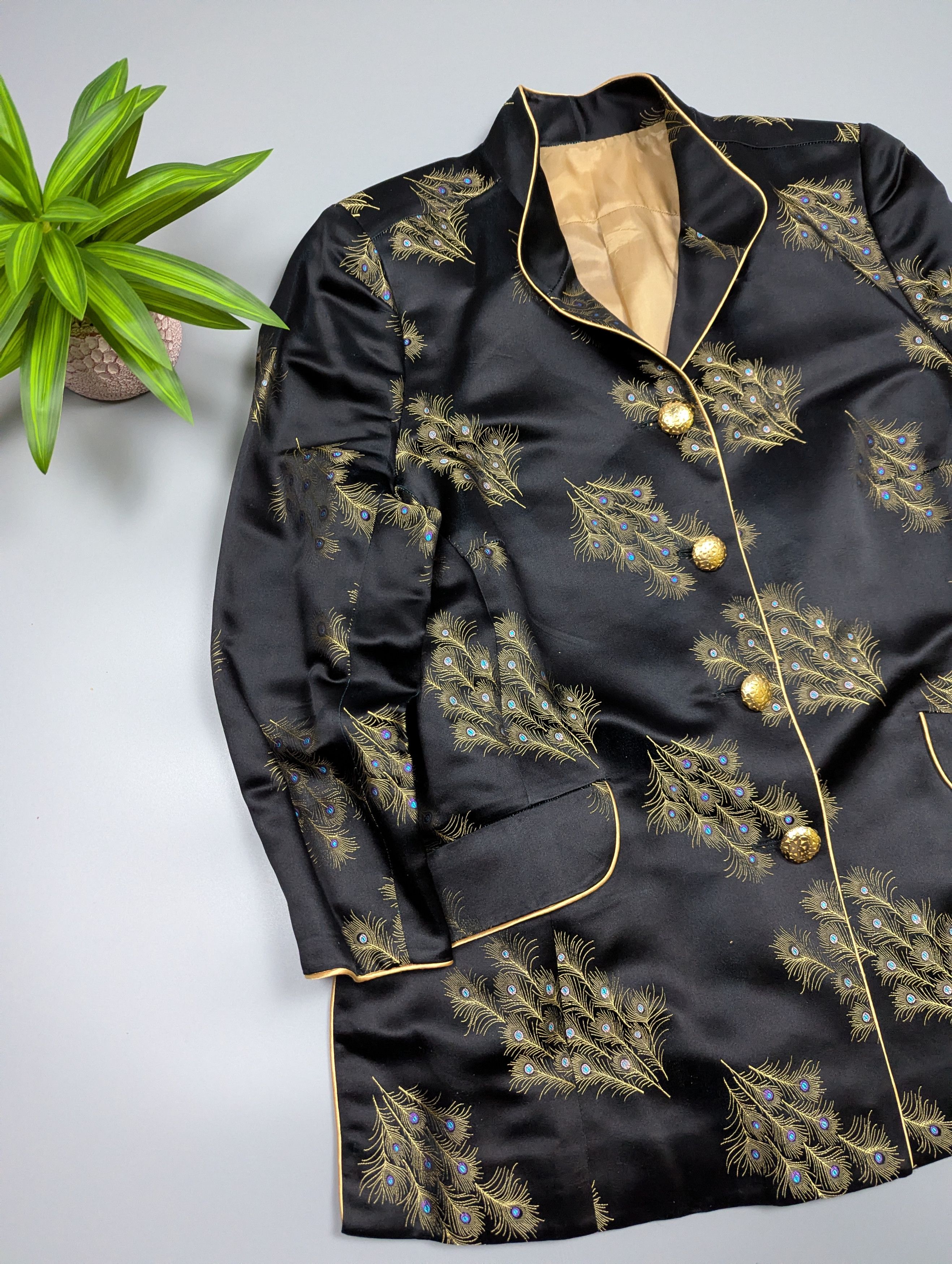 Vintage Vintage Satin Peacock Blazer Black Gold Handmade Size L Size L / US 10 / IT 46 - 6 Thumbnail
