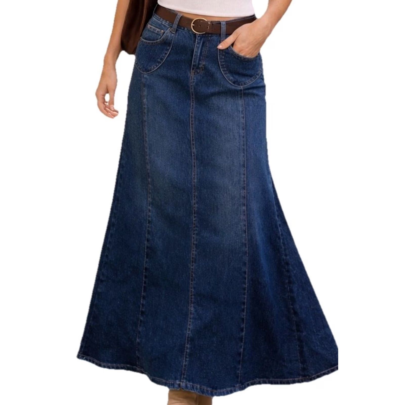 Vintage Y2K Denim Maxi Skirt 7/8 Blue Panel Boho Indie Flare Stretch Raw Hem 2000s Size 28" / US 6 / IT 42 - 2 Thumbnail
