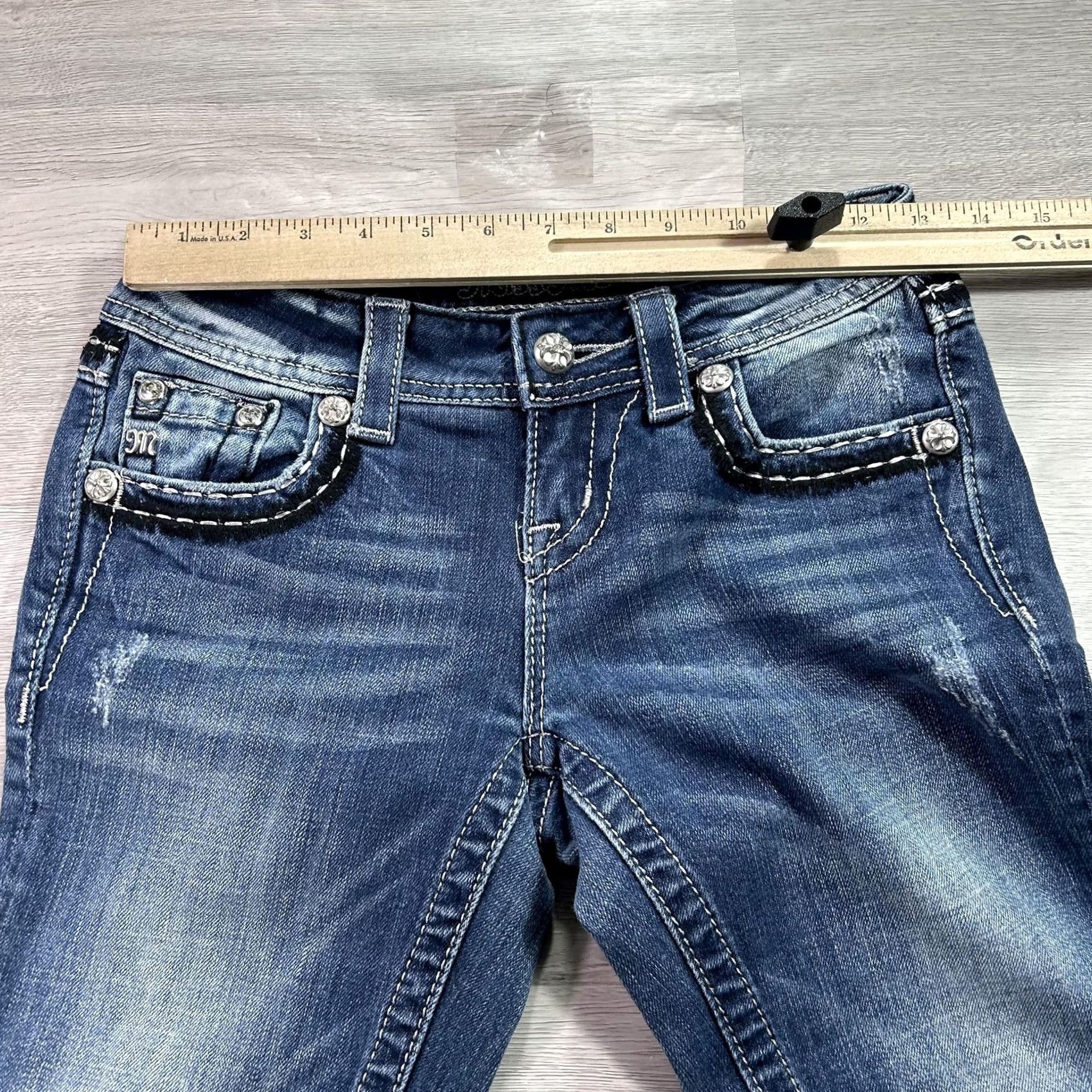 Miss Me Miss Me Jeans Womens 24 Blue Low Rise Cropped Stretch Denim Distressed Rhinestone Studded Pockets 5-Pocket Size 42" / US 20 - 7 Thumbnail