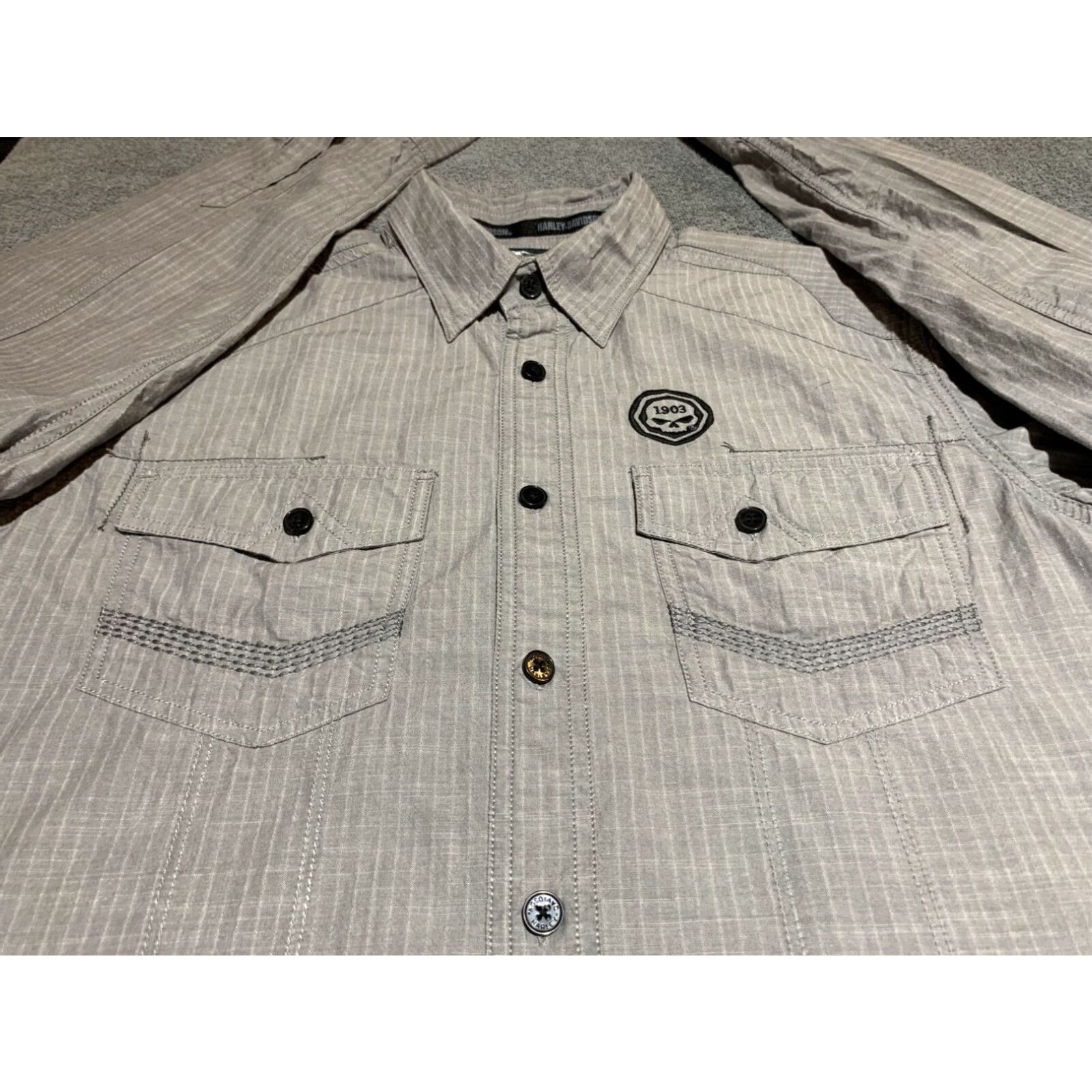 Harley Davidson Harley-Davidson Long Sleeve Striped Button-Down Shirt, Medium, Gray, Mens Size US M / EU 48-50 / 2 - 2 Thumbnail