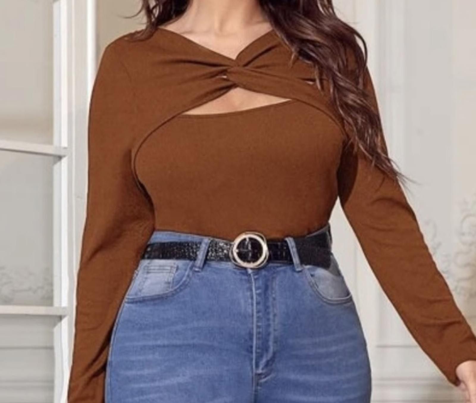 Designer Stylish Rust Long-Sleeve Top with Twist Detail Size 4XL / US 24-26 - 1 Thumbnail