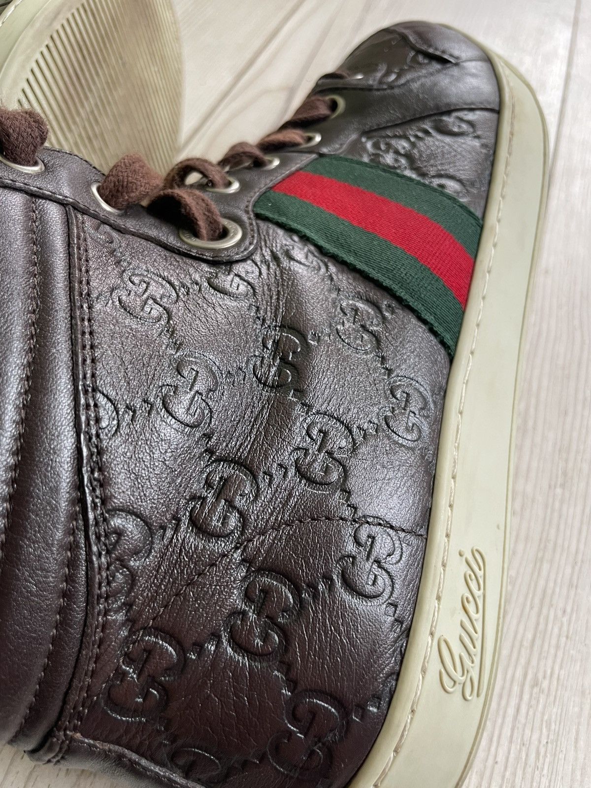 Gucci GUCCI Sneakers Hi-Top Leather Web Guccisima GG Monogram Size US 8 / EU 41 - 18 Thumbnail