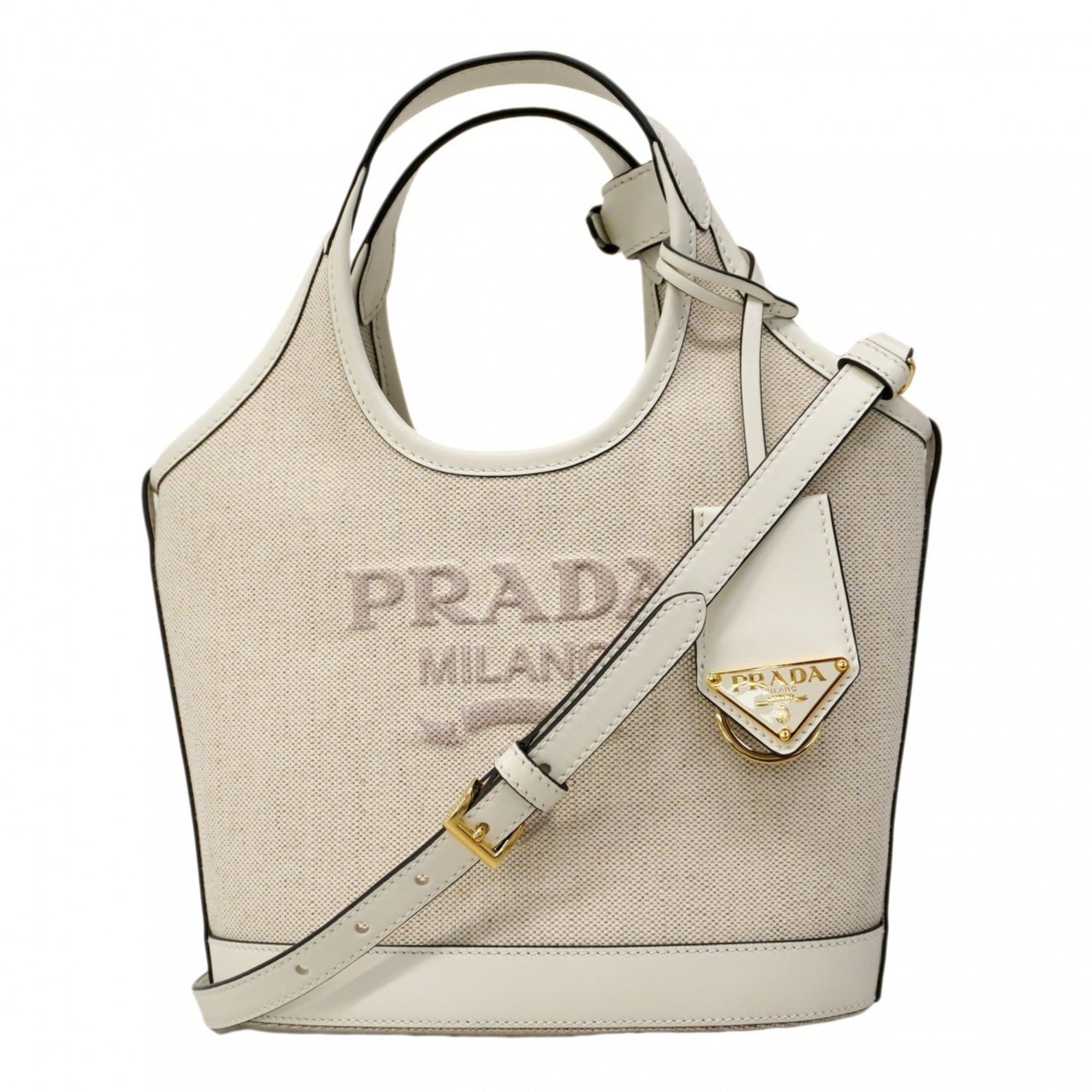Prada Handbag Canvas Beige White 2-Way Bag For Women