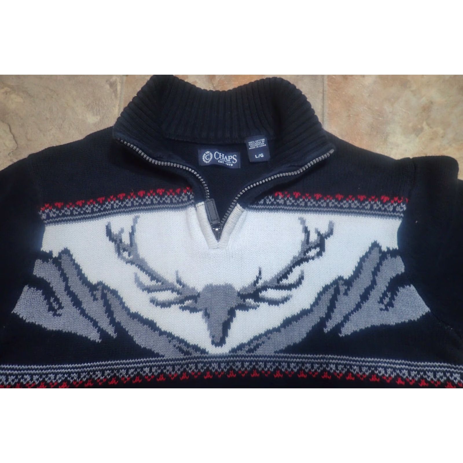 Chaps VINTAGE Women's Cotton Sweater Pullover 1/4 Zip Elk Skull Deer Southwestern Animal Print All Seasons Large Size L / US 10 / IT 46 - 5 Thumbnail