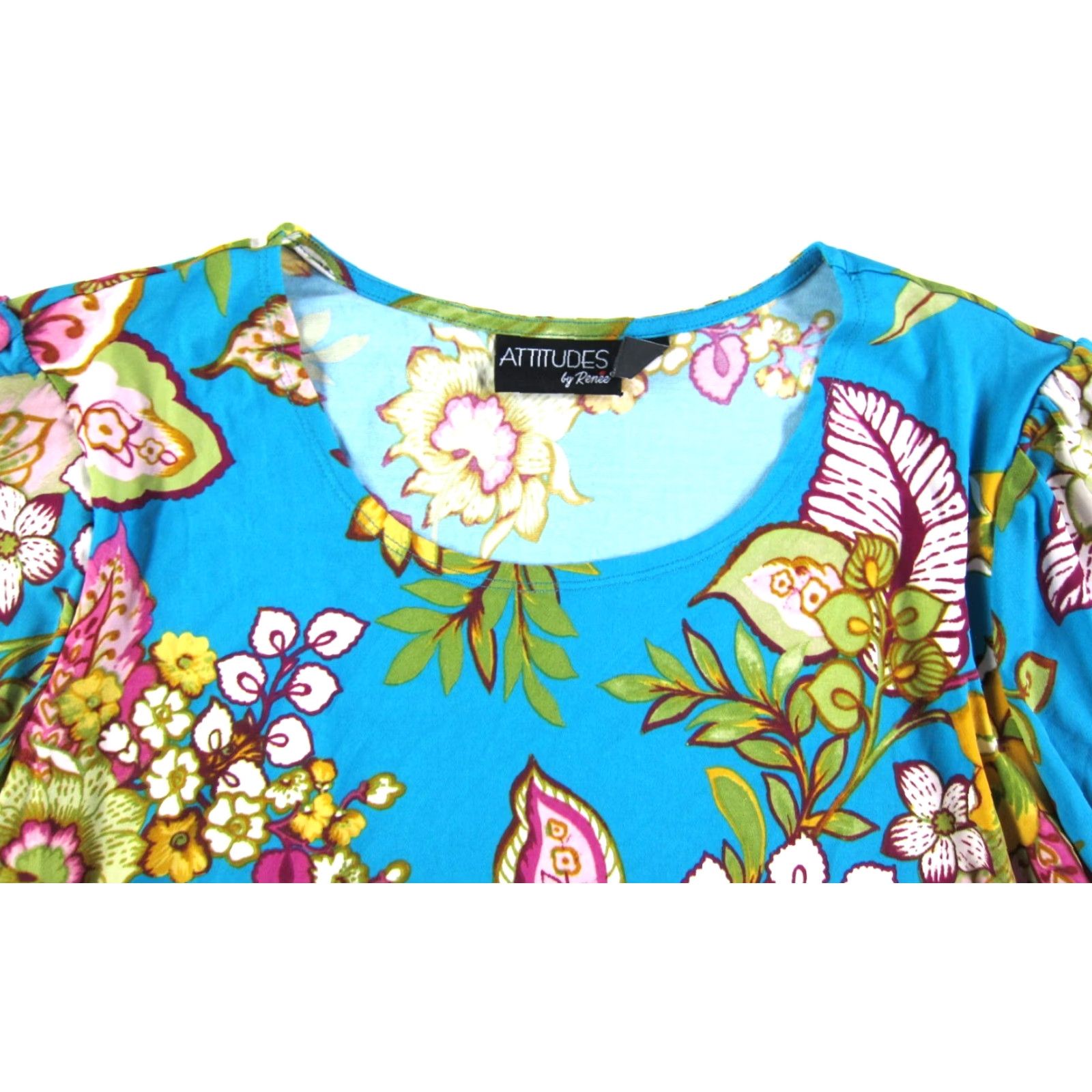 Vintage ATTITUDES Blouse Tunic XL Blue Floral Ruffle Sleeve 3/4 Sleeve Round Neck Women Blouse XL Blue Floral Stretch Attitudes Tunic Top Clothing Size XL / US 12-14 / IT 48-50 - 3 Thumbnail