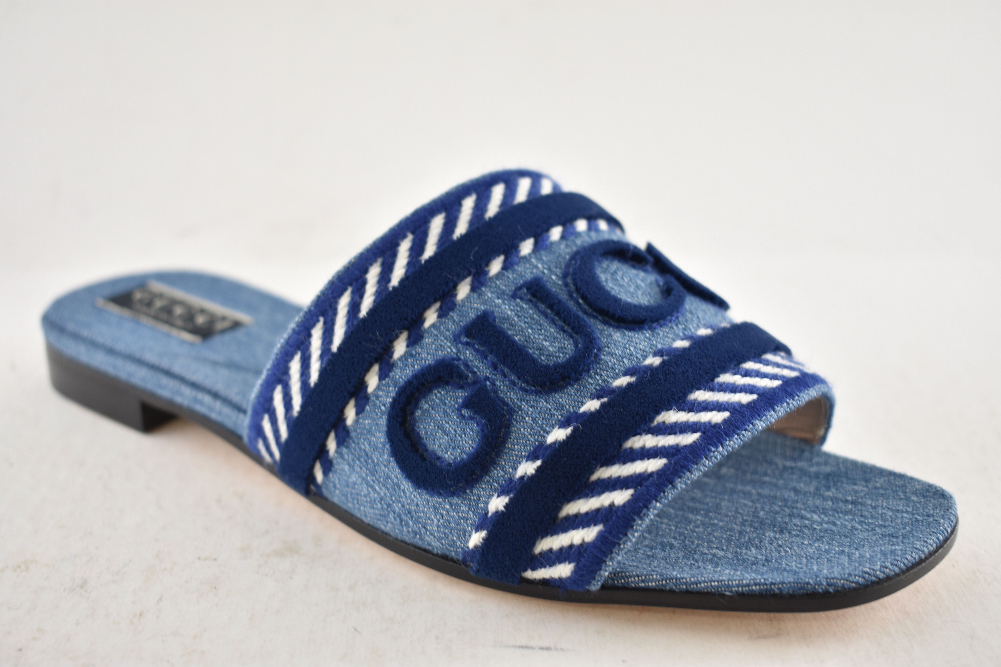 Gucci Gucci Jane Blue Denim Velvet Logo Mule Flat Slide Sandal 37 Size US 7 / IT 37 - 6 Thumbnail