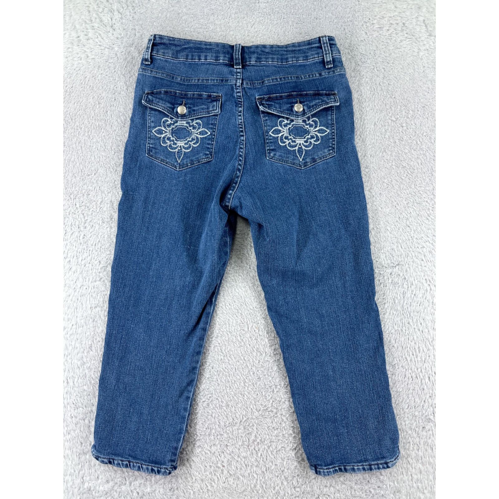 Lee Lee Womens Capri Jeans Medium Wash Blue Cotton Blend Stretch 8 Embroidered Logo Modern Size 30" / US 8 / IT 44 - 2 Thumbnail