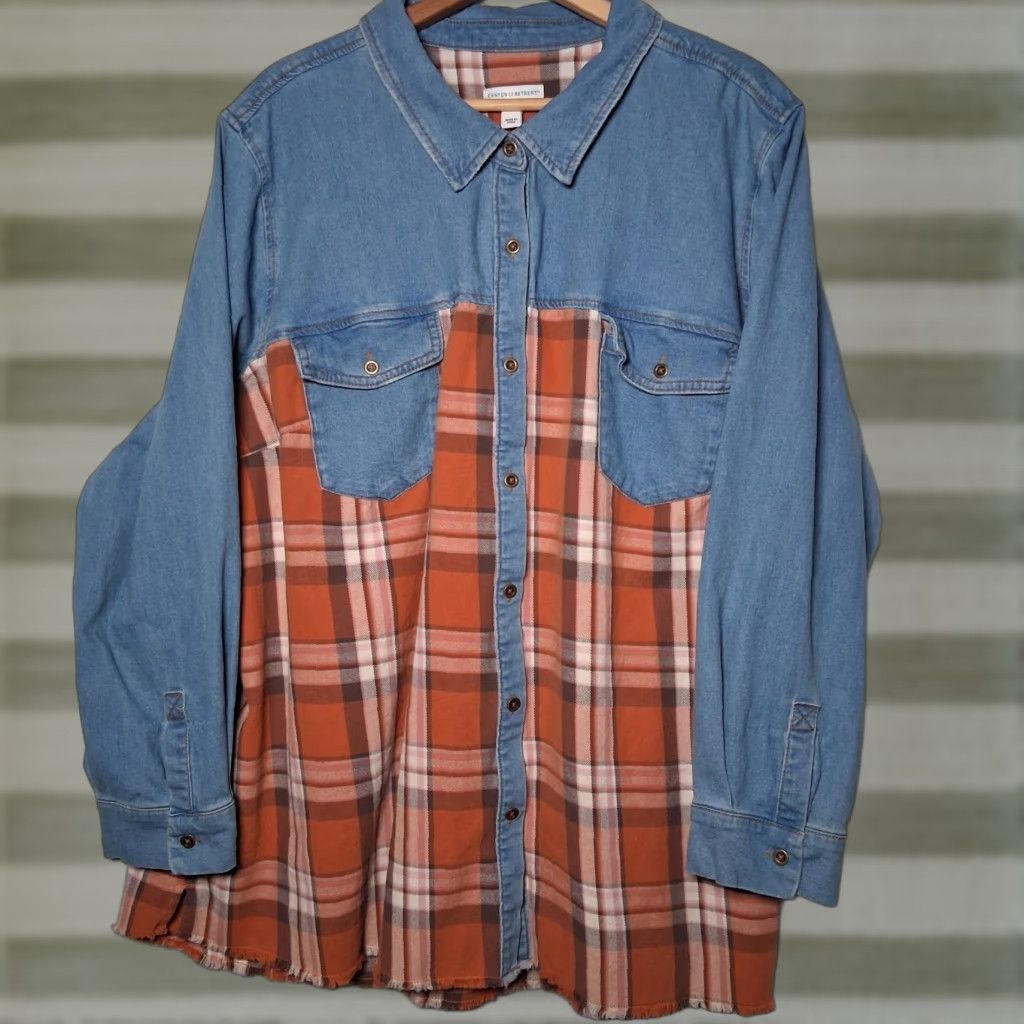 Denime Canyon Retreat Button-Up Plaid Chambray Denim Shirt 3X Blue Casual Plus Size Womens Distressed Look Long Sleeve Collared Button Front Adapted Size XXL / US 16-18 / IT 52-54 - 1 Thumbnail
