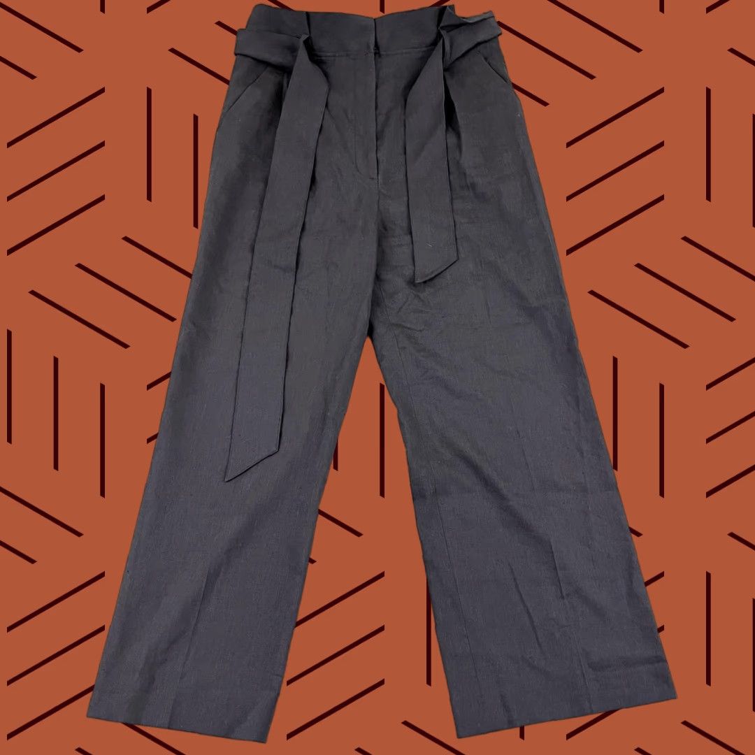 VERONICA BEARD Pants Womens 8 Gray Wide-Leg Linen Wool Belted Cropped Professional Workwear Mens?